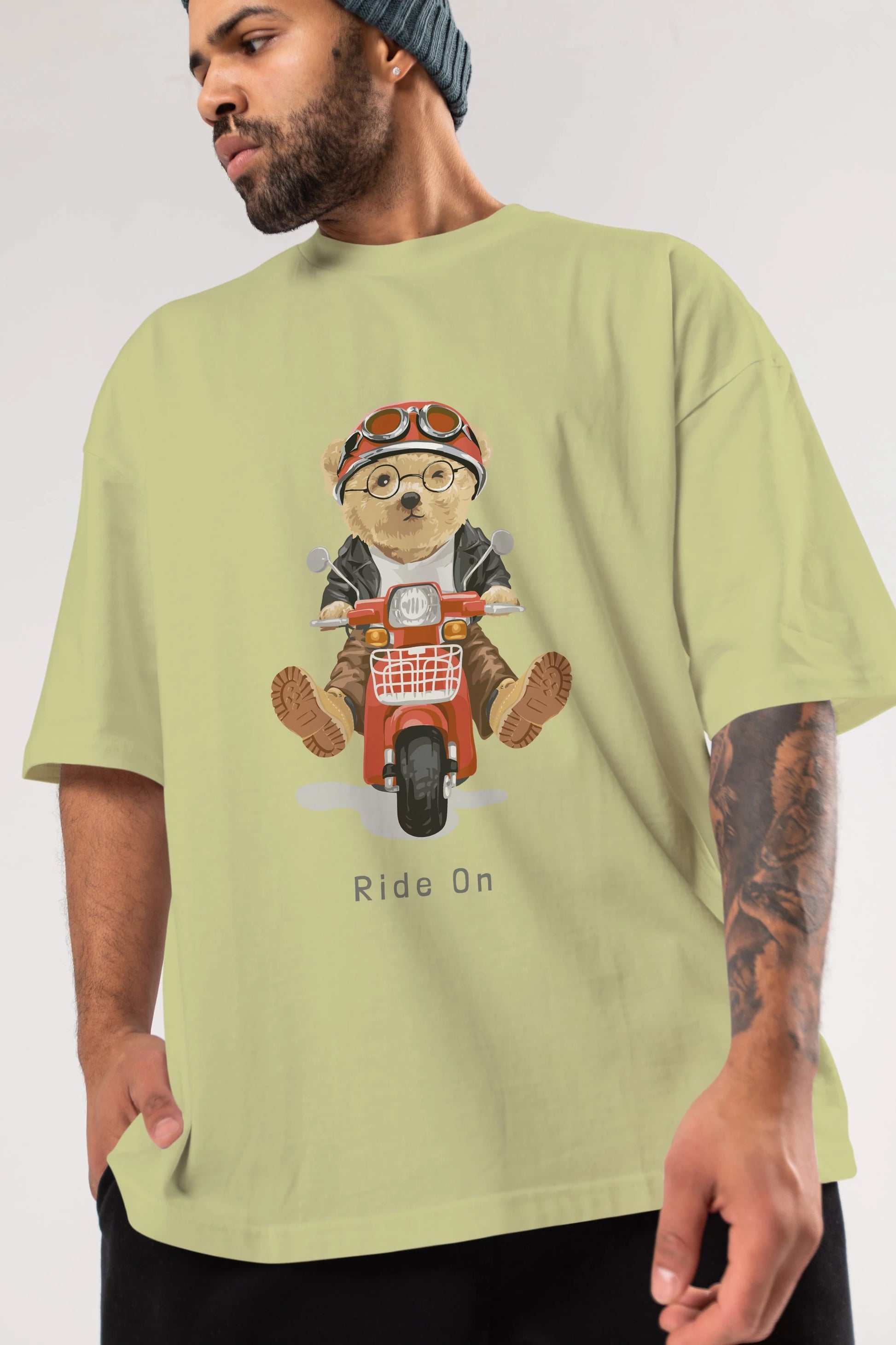 Teddy Bear Ride On Ön Baskılı Oversize t-shirt Erkek Kadın Unisex %100 Pamuk