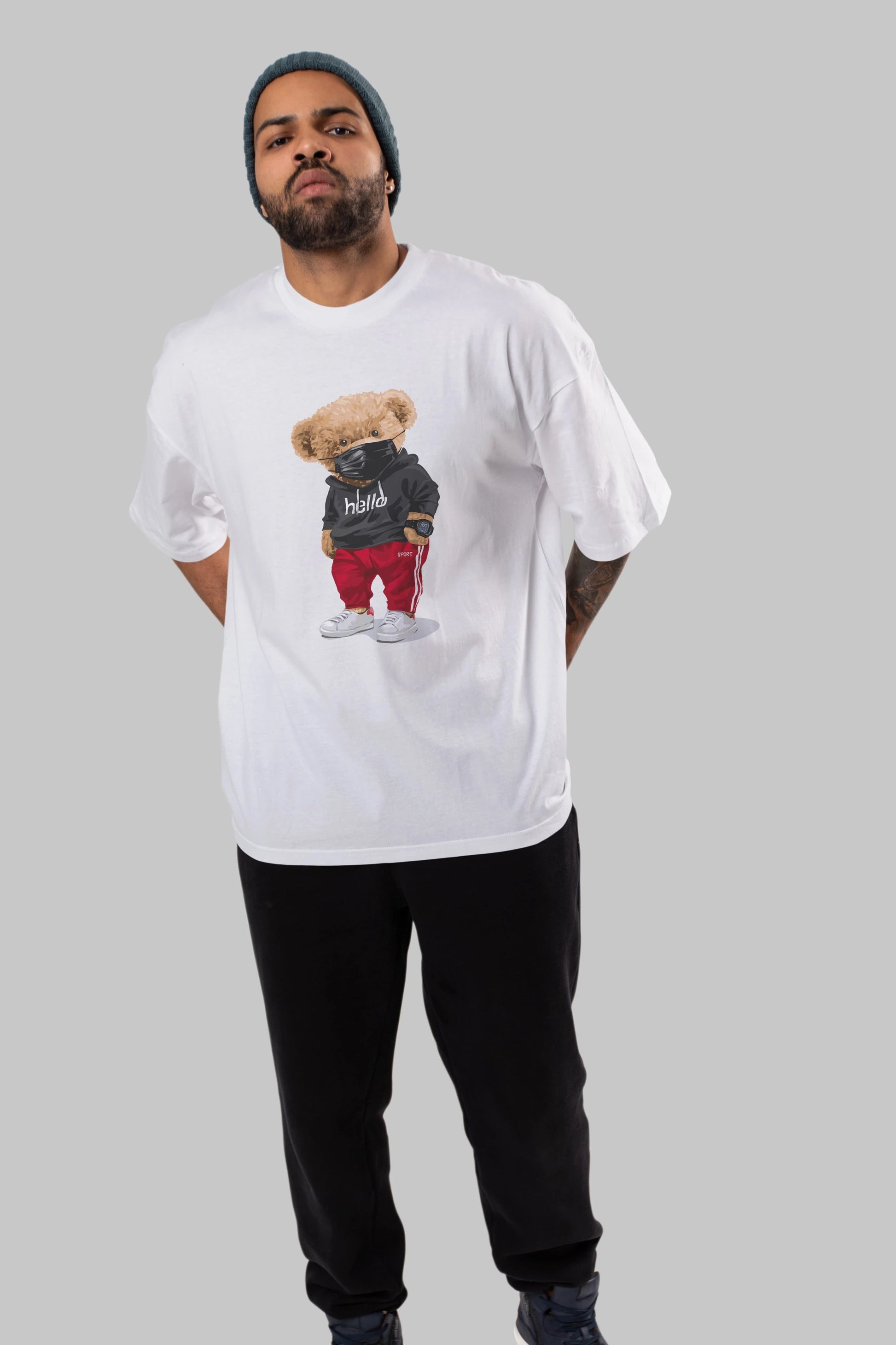 Teddy Bear Hello Sport Ön Baskılı Oversize t-shirt Erkek Kadın Unisex %100 Pamuk
