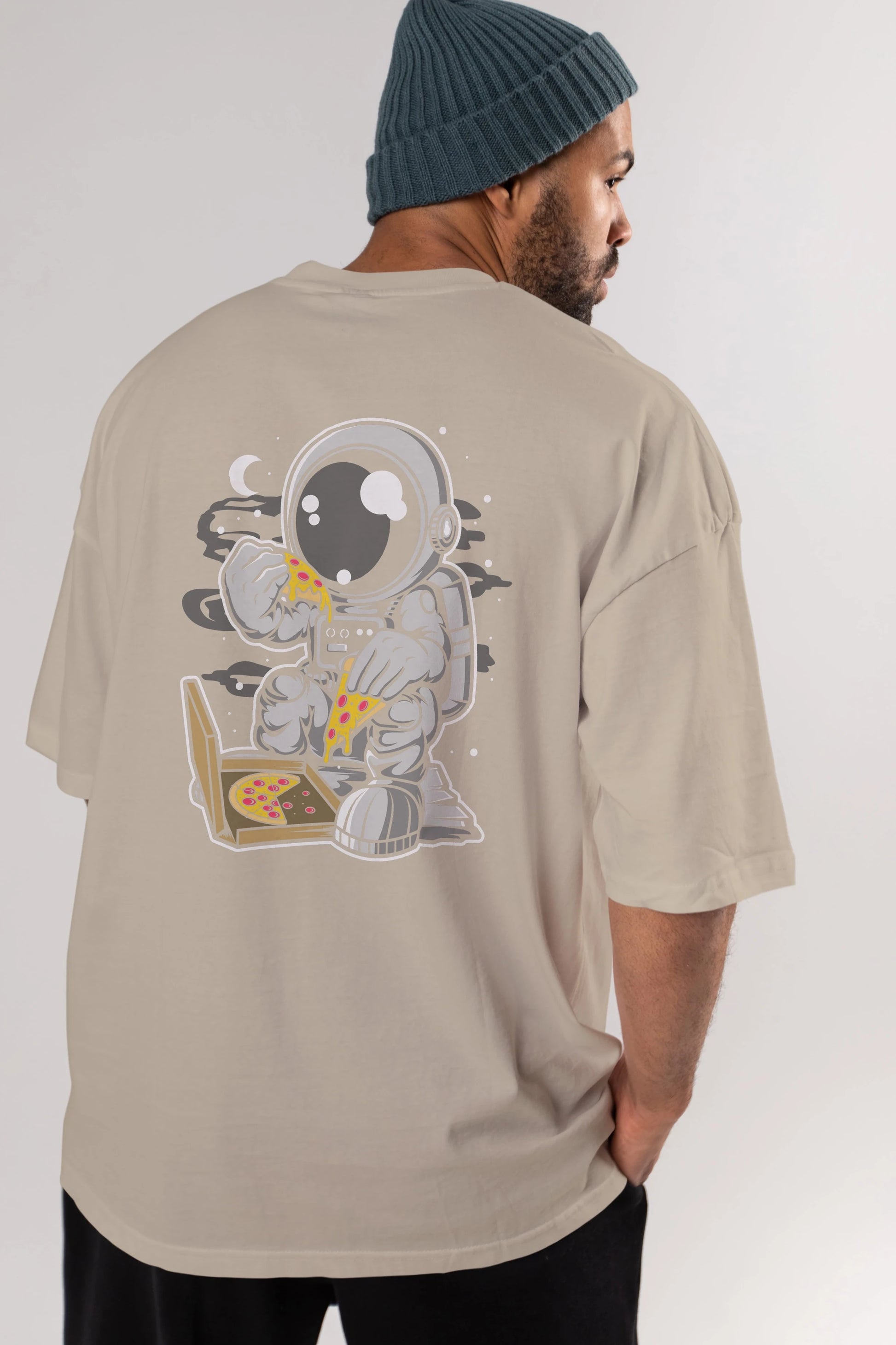 Astronaut Pizza Arka Baskılı Oversize t-shirt Erkek Kadın Unisex