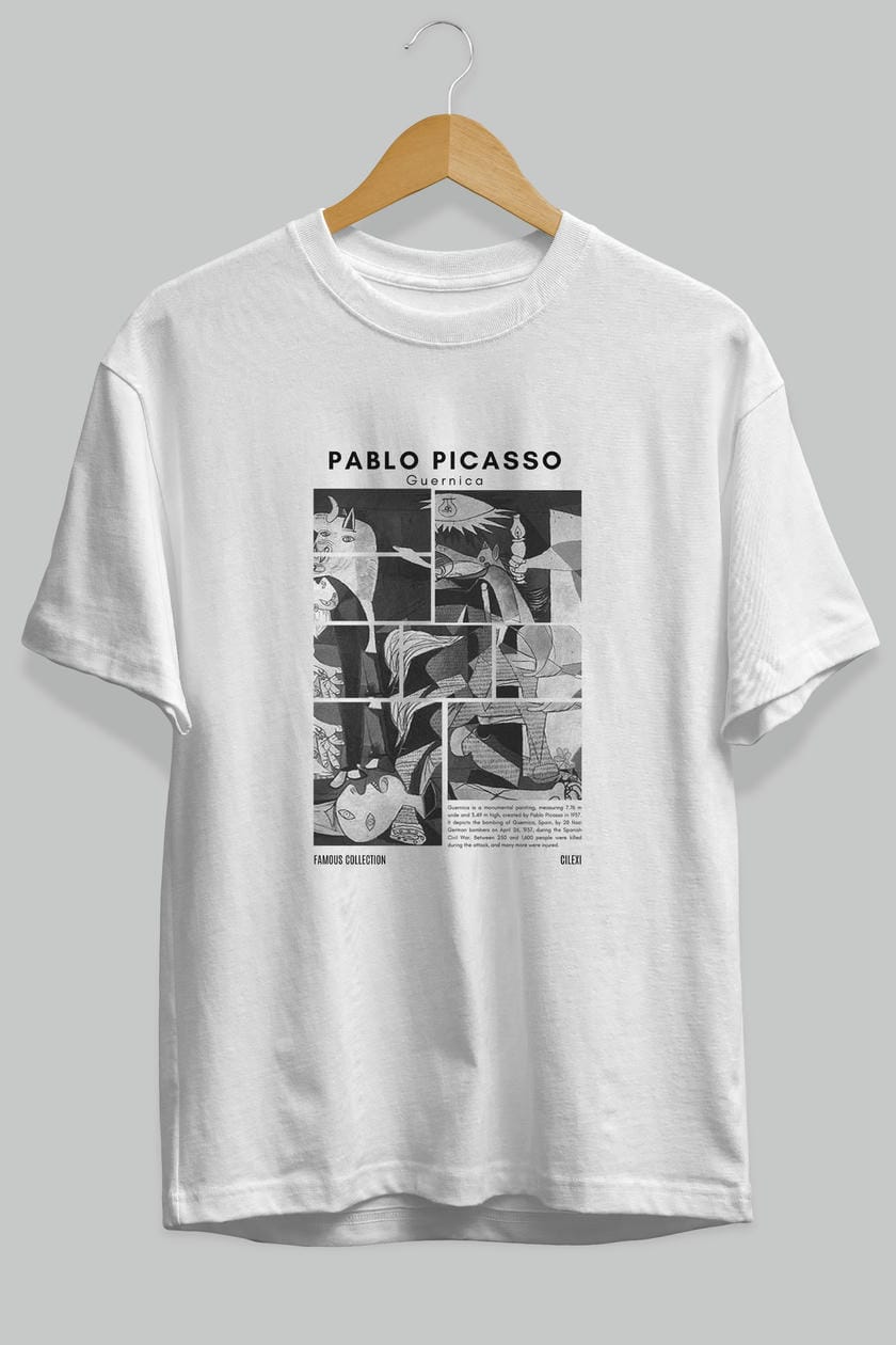 Pablo Picasso Guernica ön Baskılı Oversize t-shirt Erkek Kadın Bisiklet Yaka Pamuk tişort