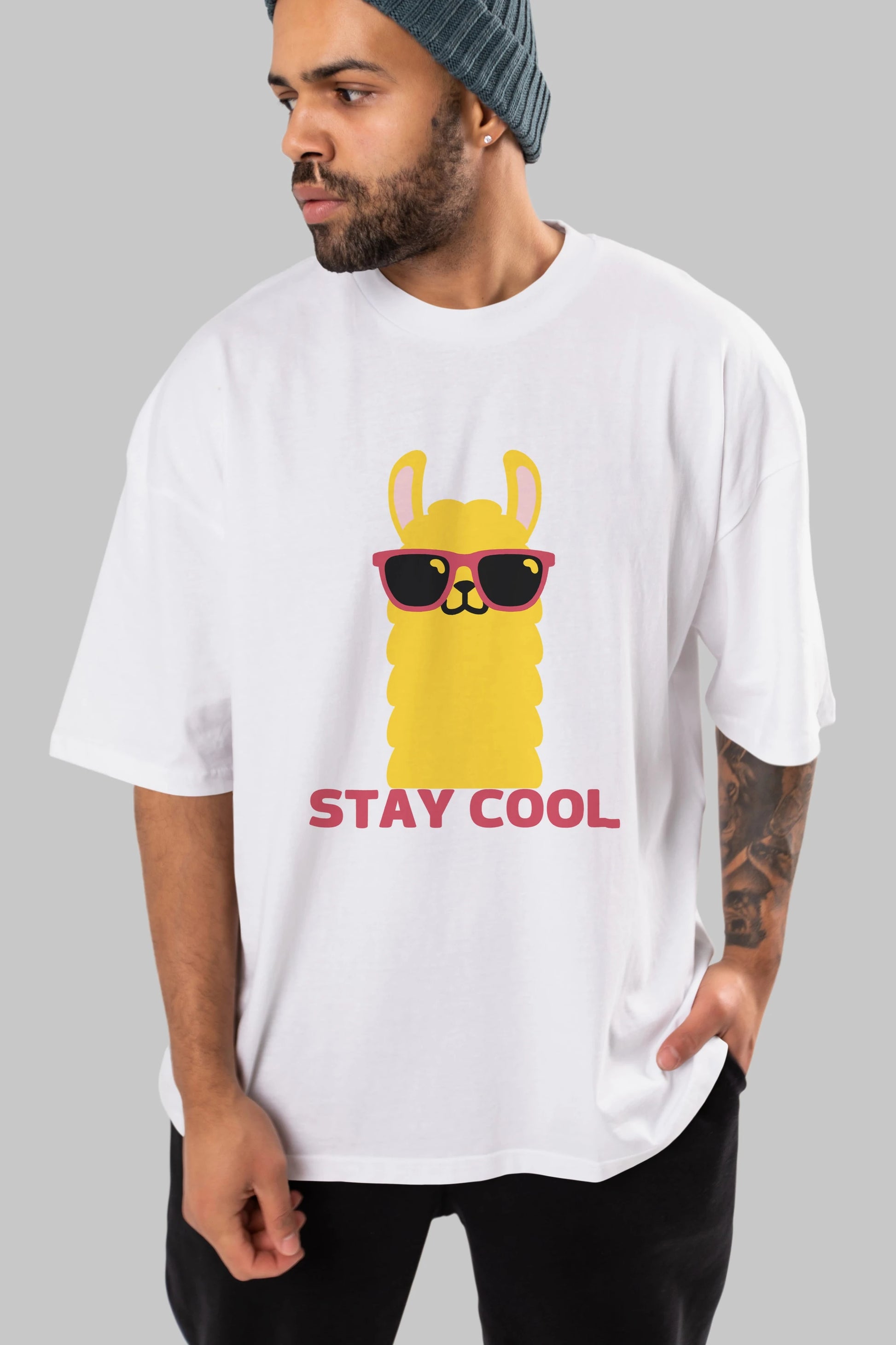 Stay Cool Yazılı Lama Ön Baskılı Oversize t-shirt Erkek Kadın Unisex