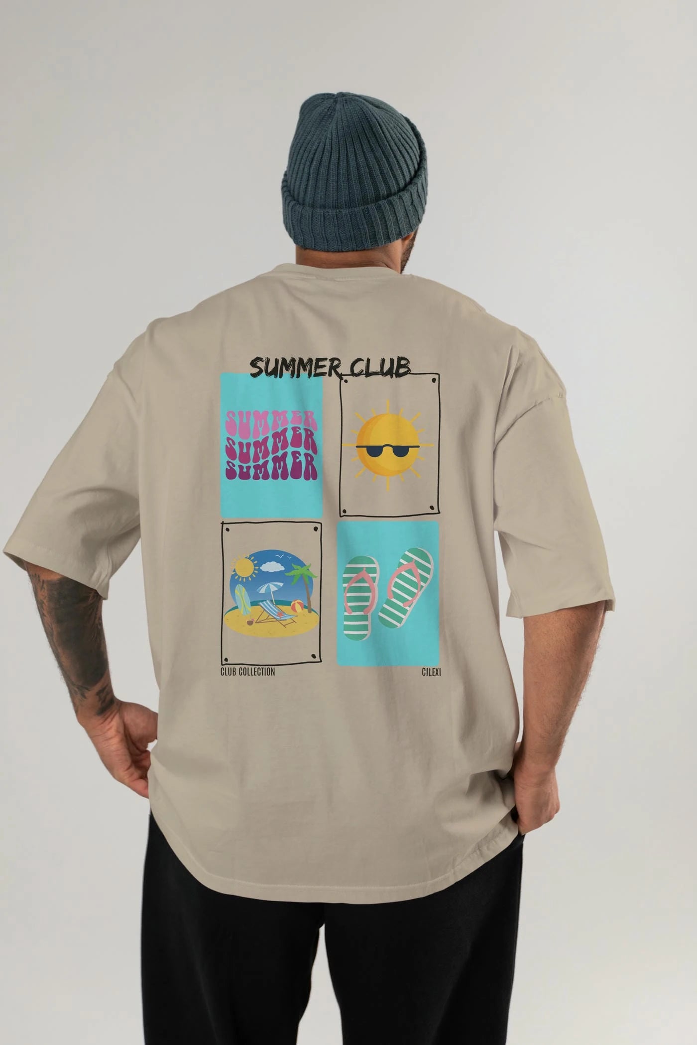 Summer Club Arka Baskılı Oversize t-shirt Erkek Kadın %100 Pamuk Bisiklet Yaka tişort