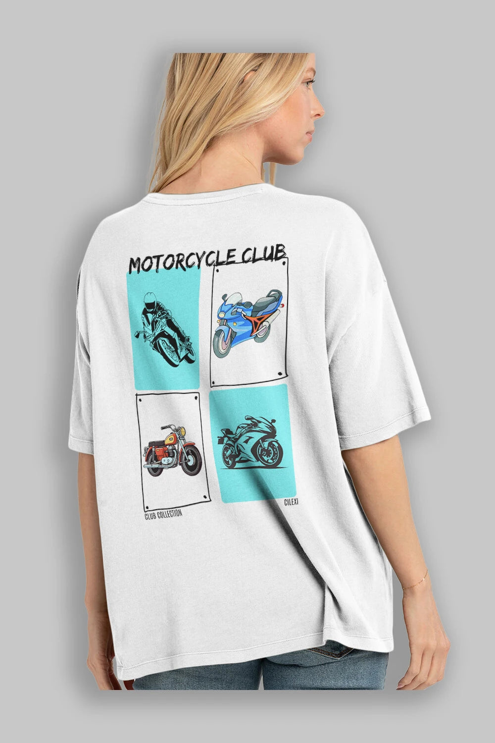 Motorcycle Club Arka Baskılı Oversize t-shirt Erkek Kadın %100 Pamuk Bisiklet Yaka tişort