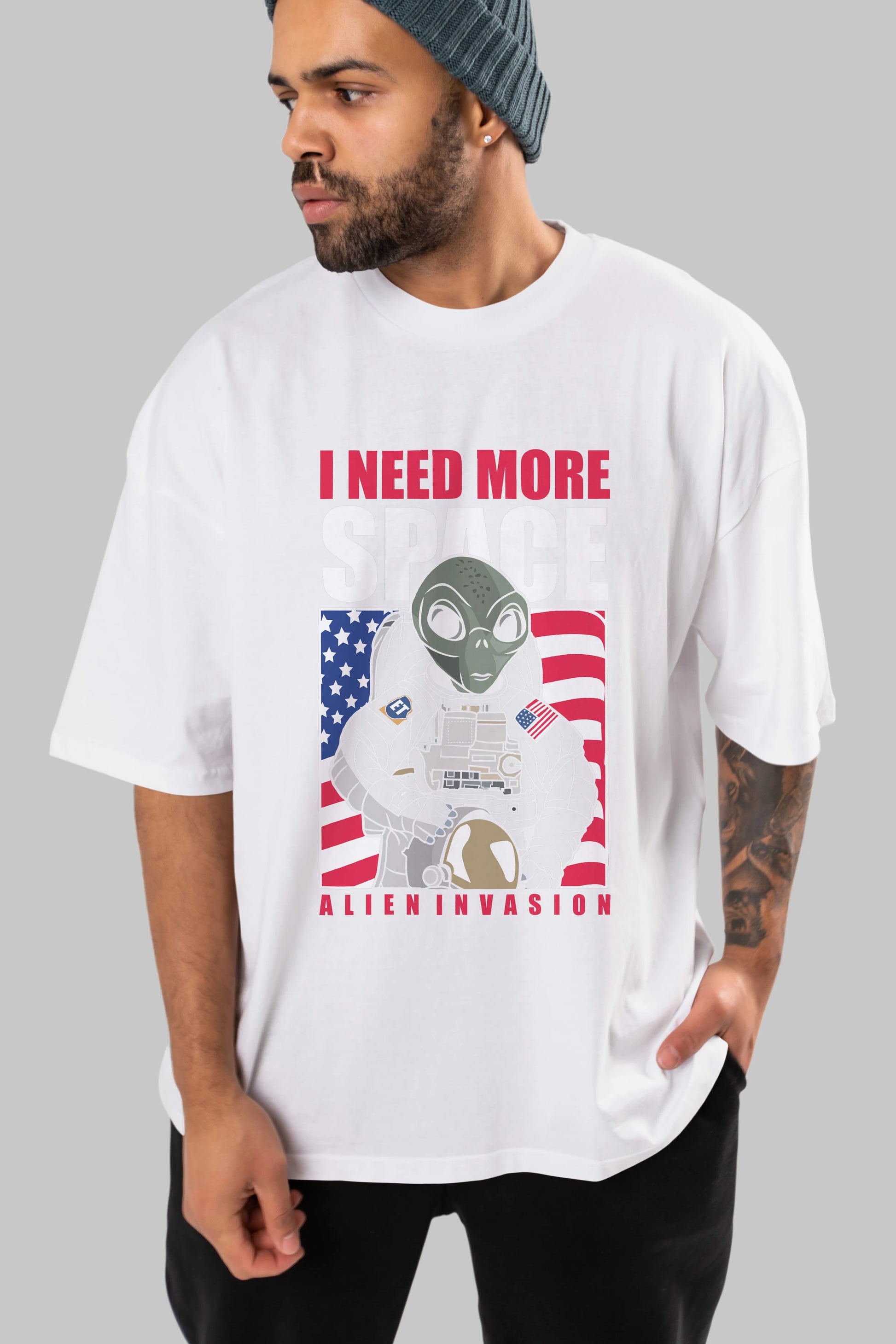 Alien Astronaut Ön Baskılı Oversize t-shirt Erkek Kadın Unisex %100 Pamuk tişort