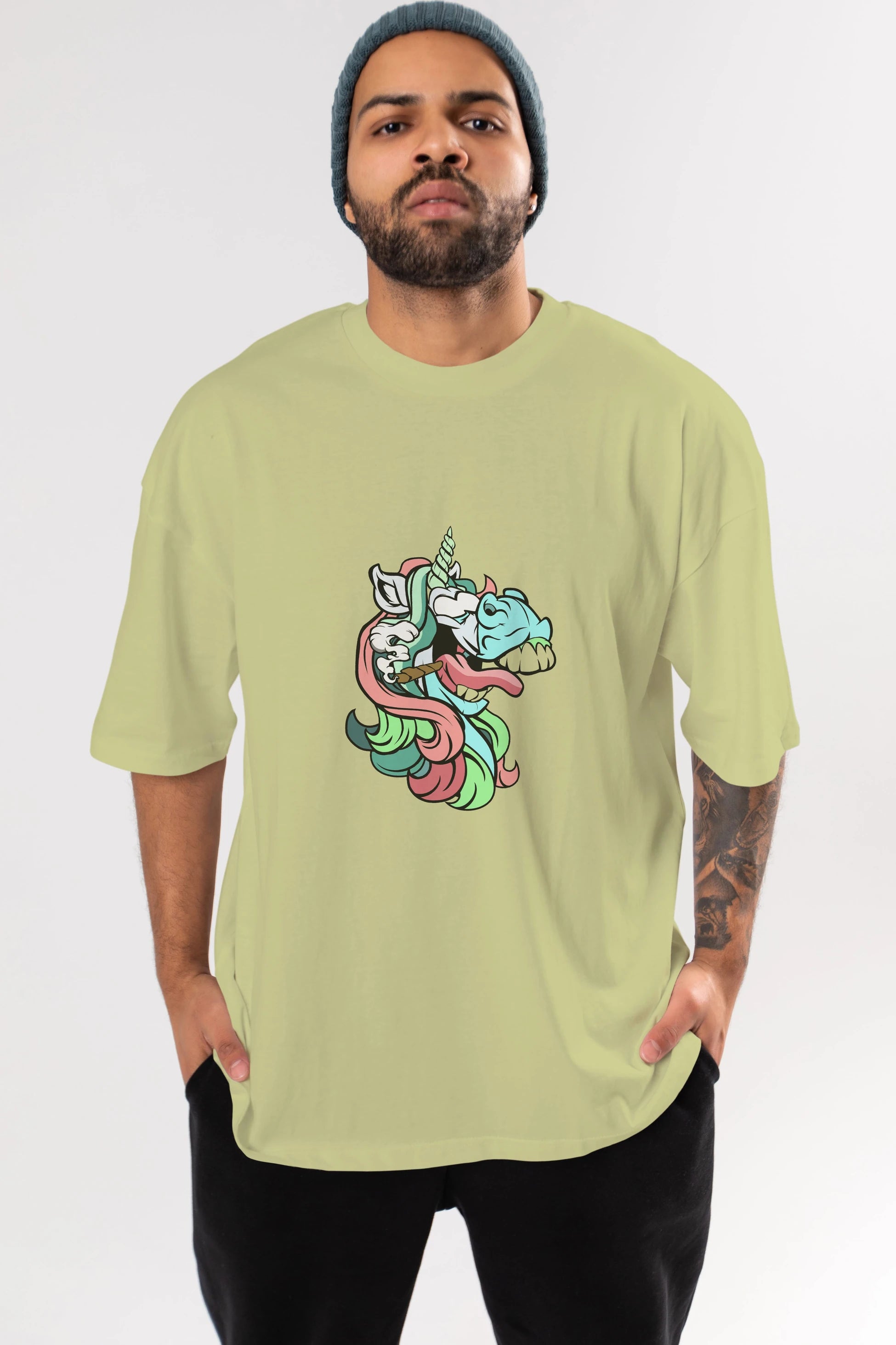 Crazy Unicorn Ön Baskılı Oversize t-shirt Erkek Kadın Unisex %100 Pamuk tişort