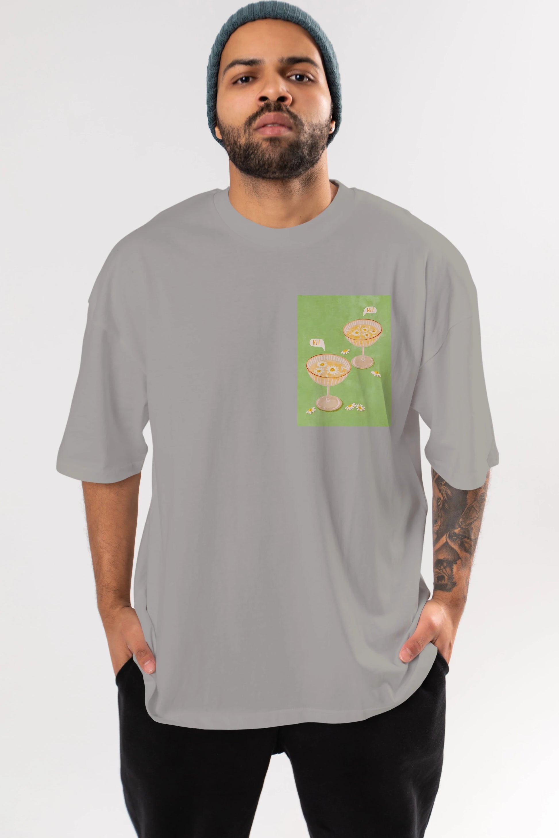 Hi Cheers Ön Sol Baskılı Oversize t-shirt Erkek Kadın Unisex %100 Pamuk Bisiklet Yaka tişort