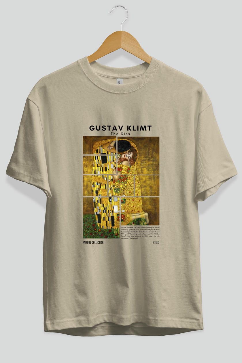 Gustav Klimt The Kiss ön Baskılı Oversize t-shirt Erkek Kadın Bisiklet Yaka Pamuk tişort
