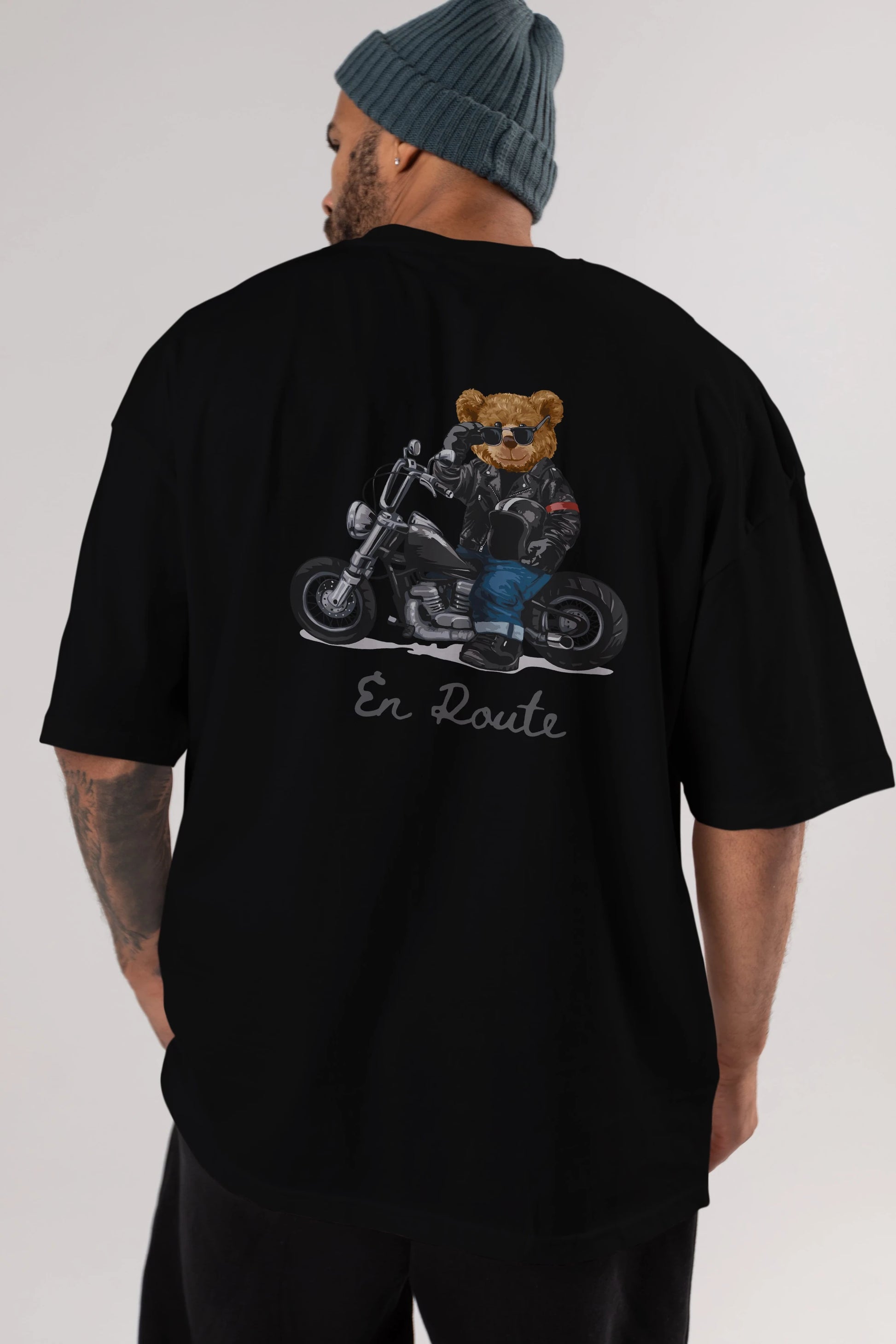 Teddy Bear En Route Arka Baskılı Oversize t-shirt Erkek Kadın Unisex %100 Pamuk