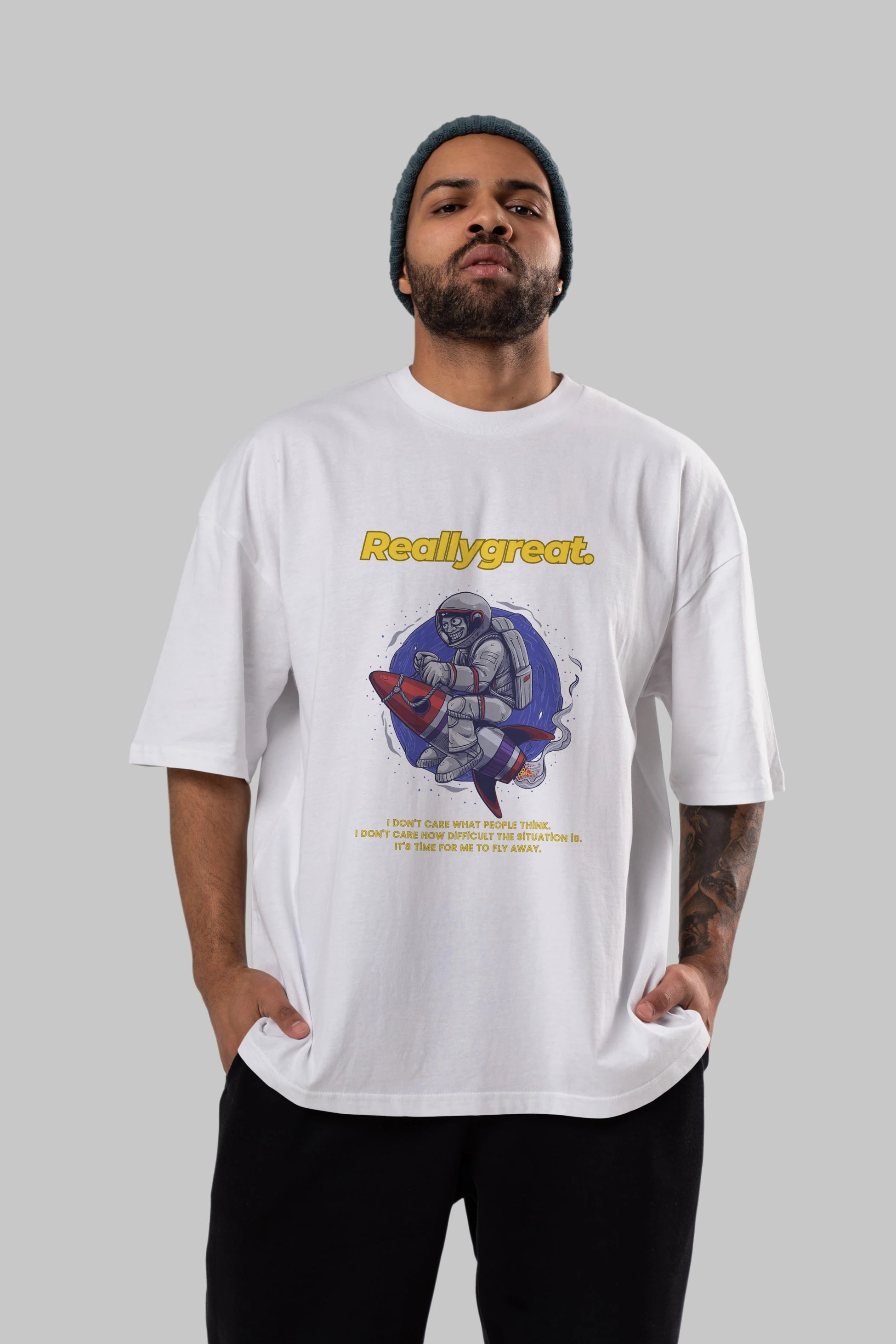 Reallygreat Astronaut Ön Baskılı Oversize t-shirt Erkek Kadın Unisex