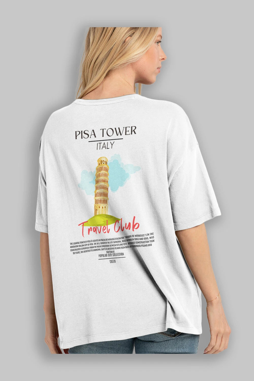 Pisa Tower İtaly Arka Baskılı Oversize t-shirt Erkek Kadın Pamuk Bisiklet Yaka tişort