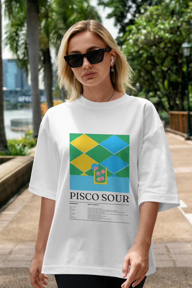 Pisco Sour Kokteyl Ön Baskılı Oversize t-shirt Erkek Kadın %100 Pamuk Bisiklet Yaka tişort