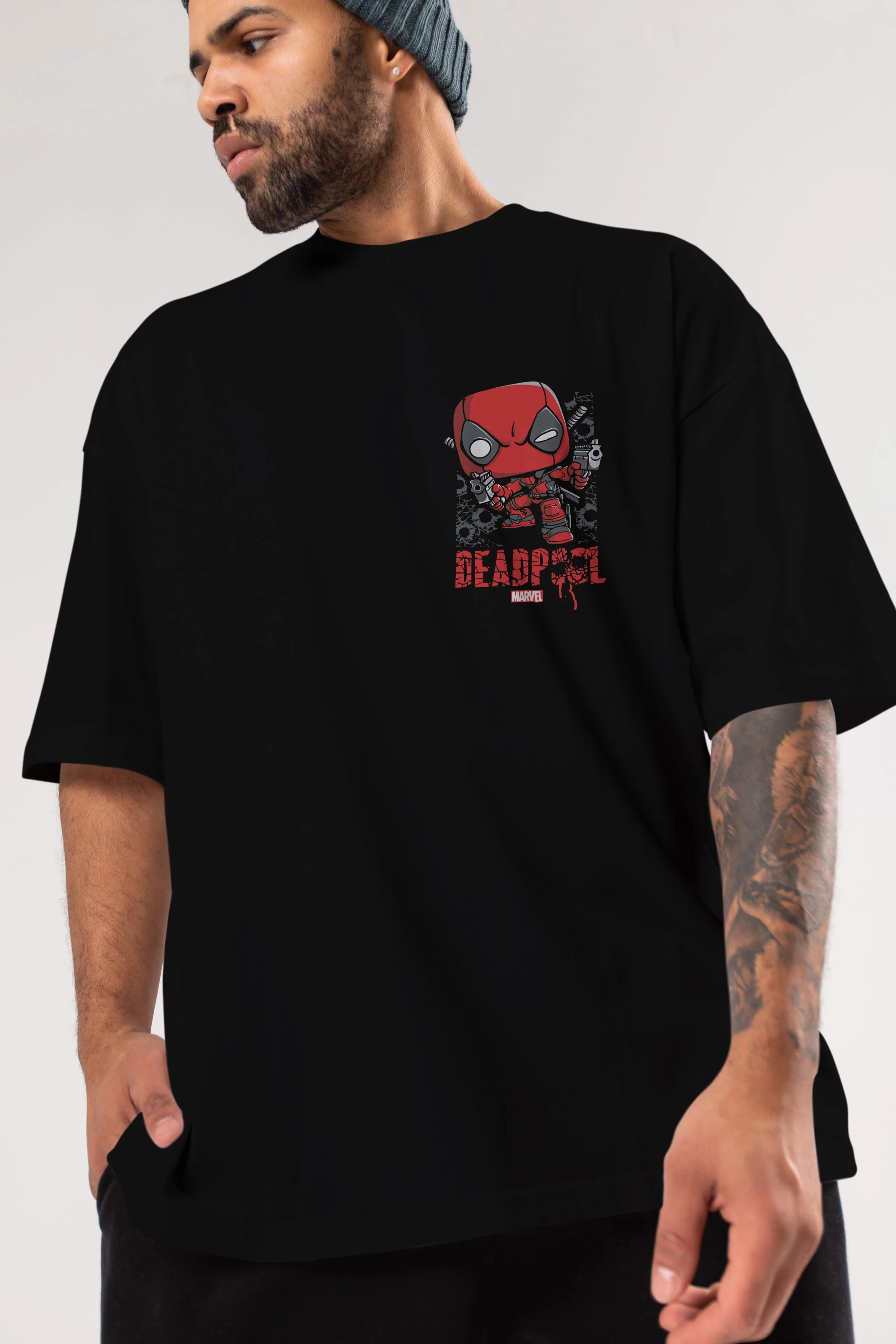 Deadpool (8) Ön Sol Baskılı Oversize t-shirt Erkek Kadın Unisex %100 Pamuk Bisiklet Yaka tişort