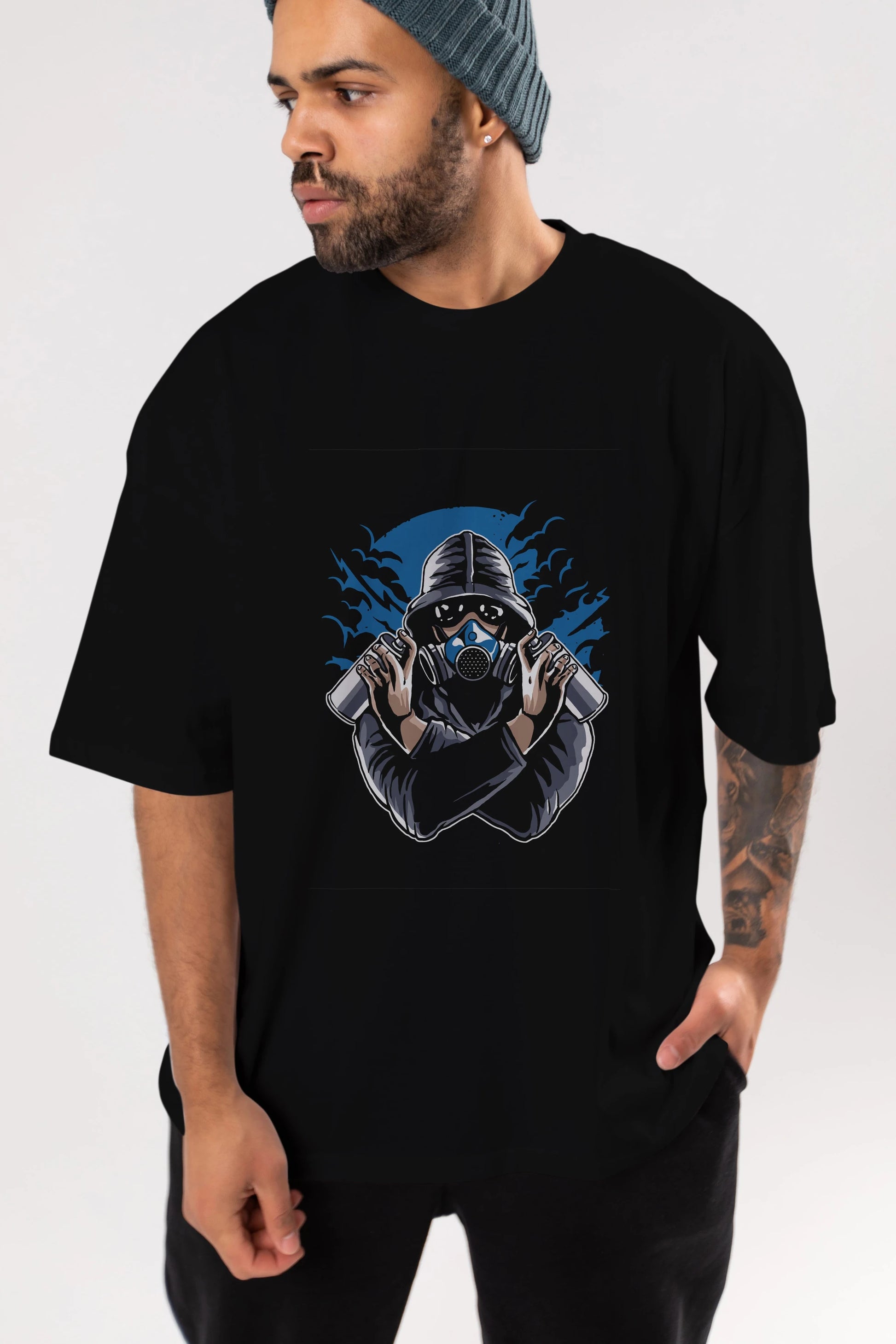 Graffiti Gasmask Ön Baskılı Oversize t-shirt Erkek Kadın Unisex %100 Pamuk tişort