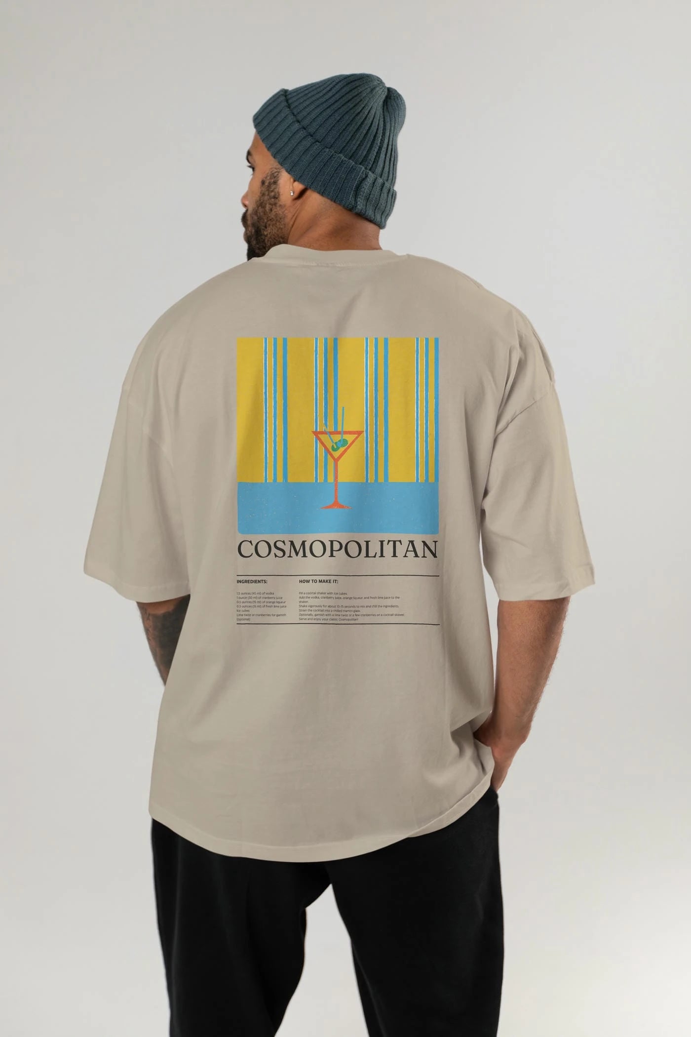 Cosmopolitan Kokteyl Serisi Arka Baskılı Oversize t-shirt Erkek Kadın %100 Pamuk Bisiklet Yaka tişort