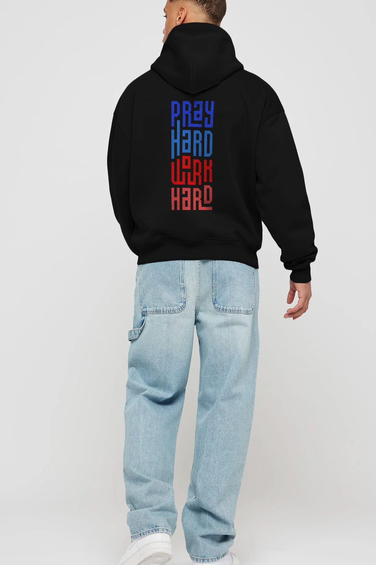 Pray Hard Work Hard Yazılı Arka Baskılı Oversize Hoodie Kapüşonlu Sweatshirt Erkek Kadın Unisex