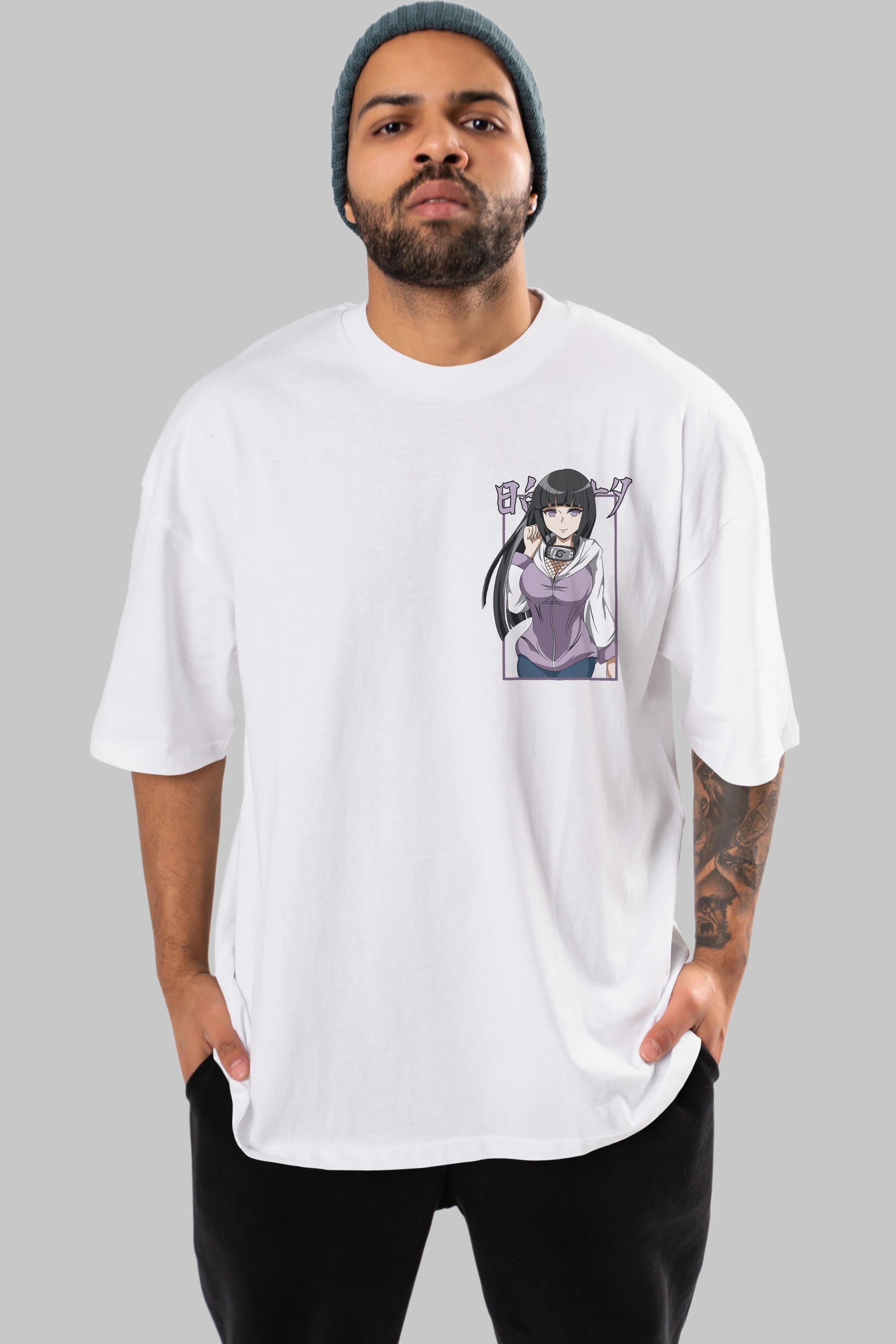 Hinata NARUTO Ön Sol Baskılı Oversize t-shirt Erkek Kadın Unisex %100 Pamuk Bisiklet Yaka tişort