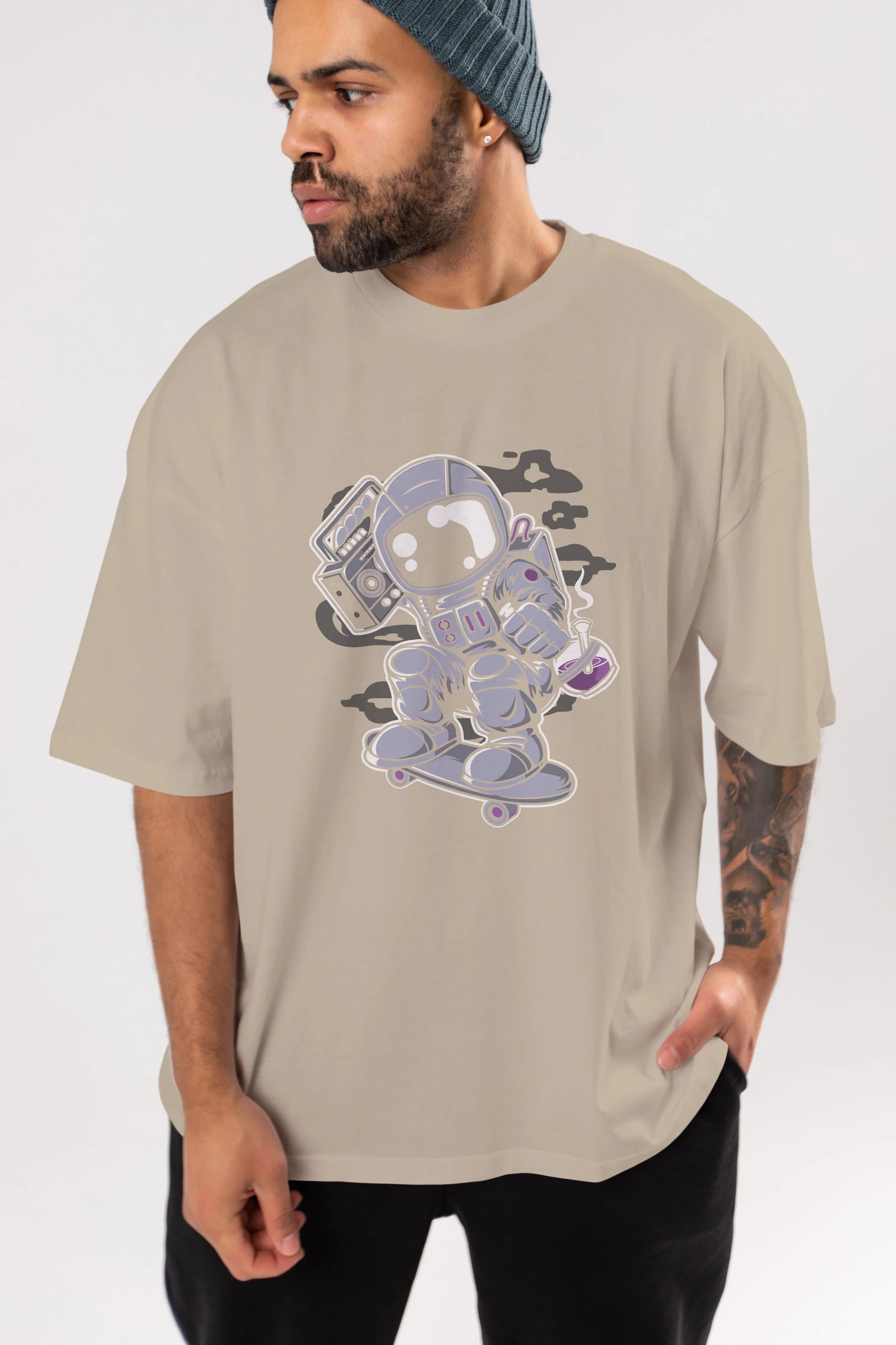 Astroanut Skater Boombox Ön Baskılı Oversize t-shirt Erkek Kadın Unisex