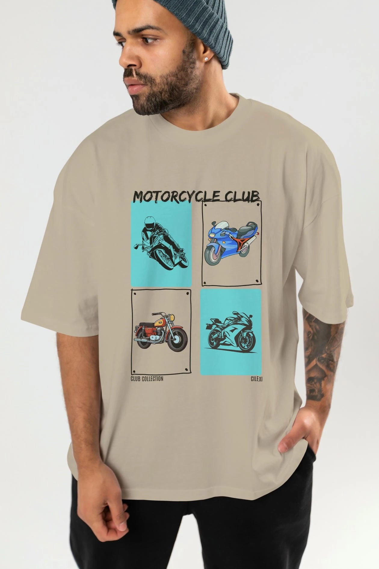 Motorcycle Club ön Baskılı Oversize t-shirt Erkek Kadın %100 Pamuk Bisiklet Yaka tişort