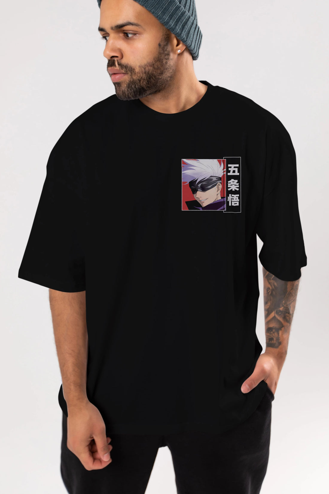 SATORU GOJO Ön Sol Baskılı Oversize t-shirt Erkek Kadın Unisex %100 Pamuk Bisiklet Yaka tişort