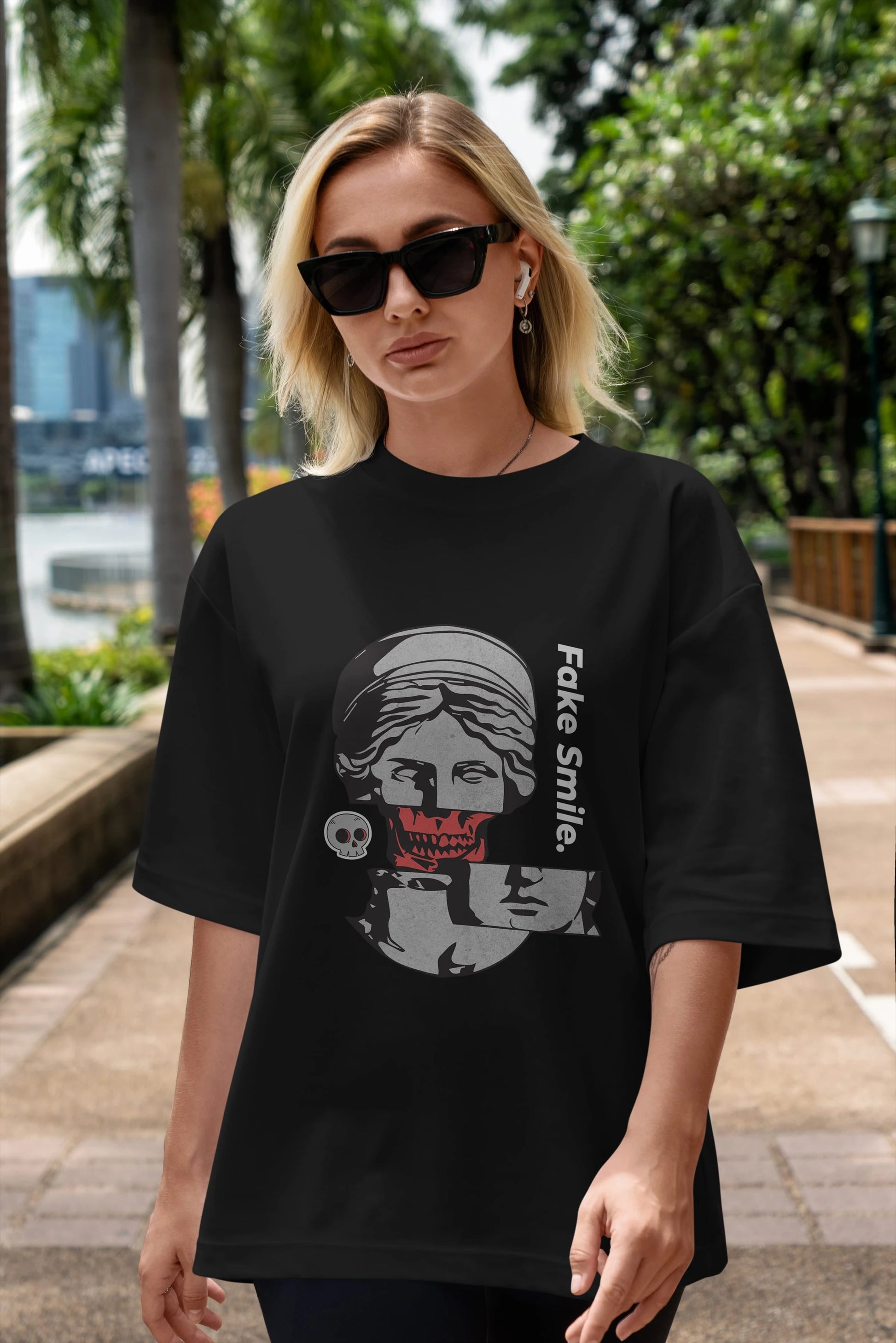 Fake Smile Yazılı Ön Baskılı Oversize t-shirt Erkek Kadın Unisex