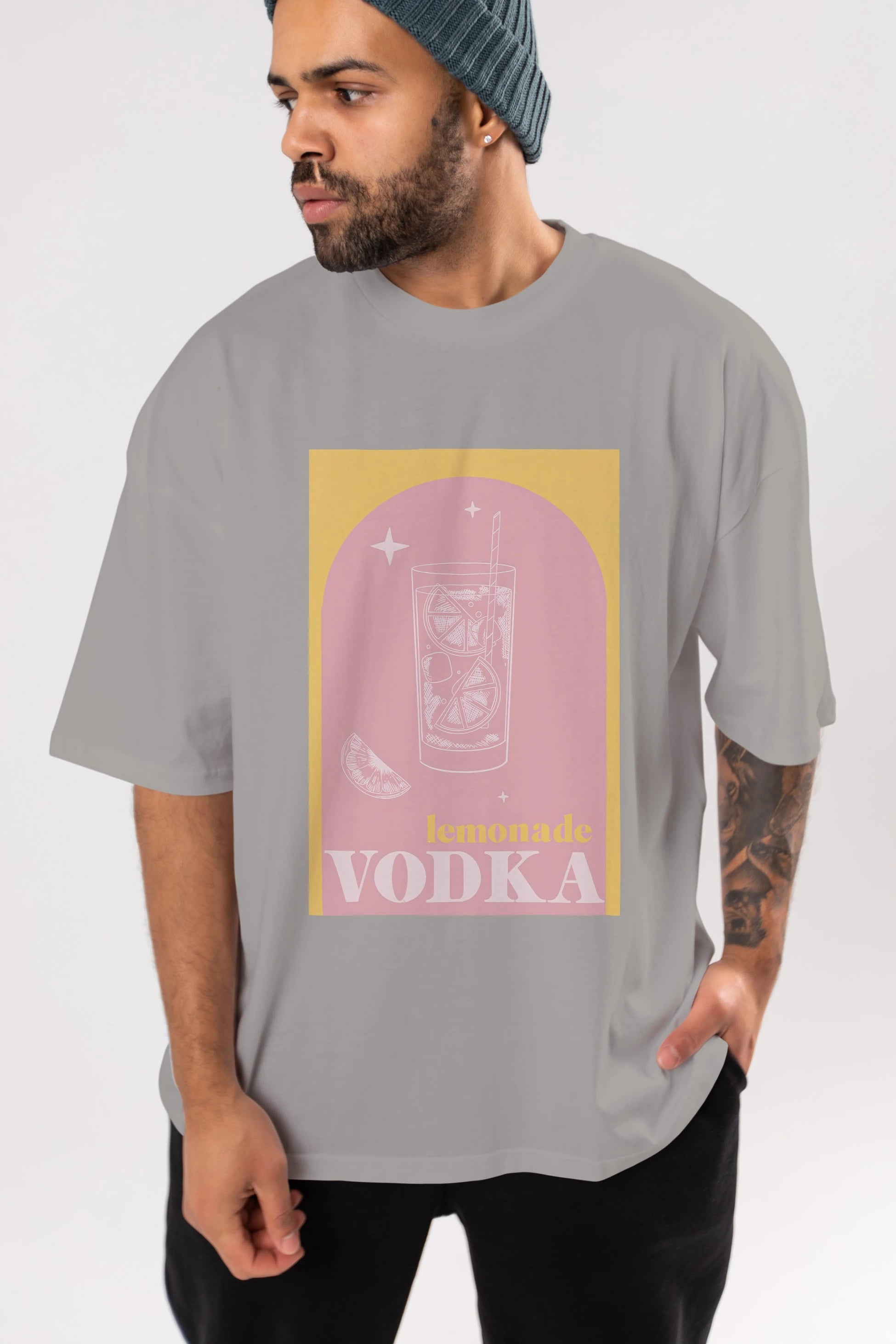 Vodka Limon Ön Baskılı Oversize t-shirt Erkek Kadın Unisex %100 Pamuk Bisiklet Yaka tişort