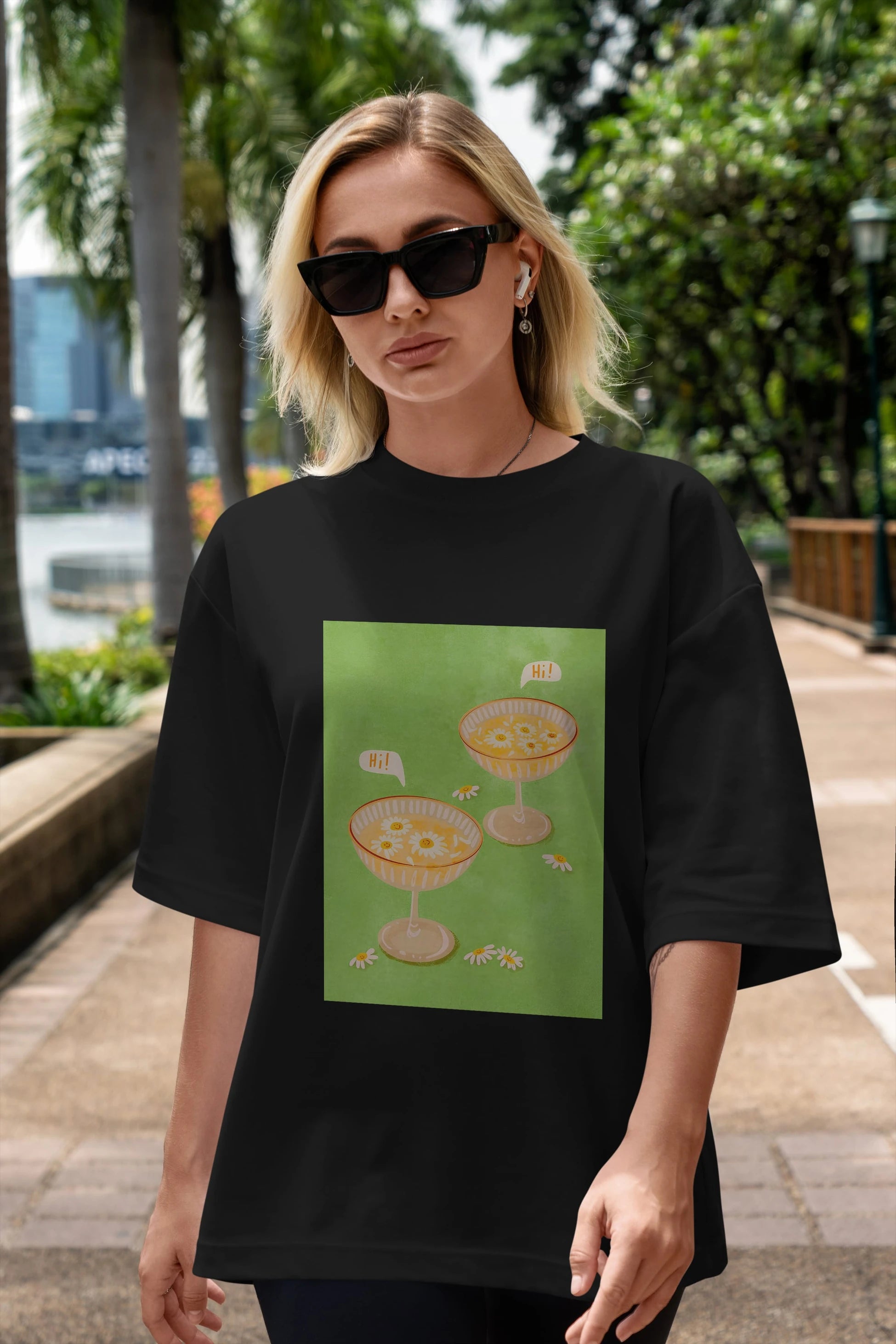 Hi Cheers Ön Baskılı Oversize t-shirt Erkek Kadın Unisex %100 Pamuk Bisiklet Yaka tişort