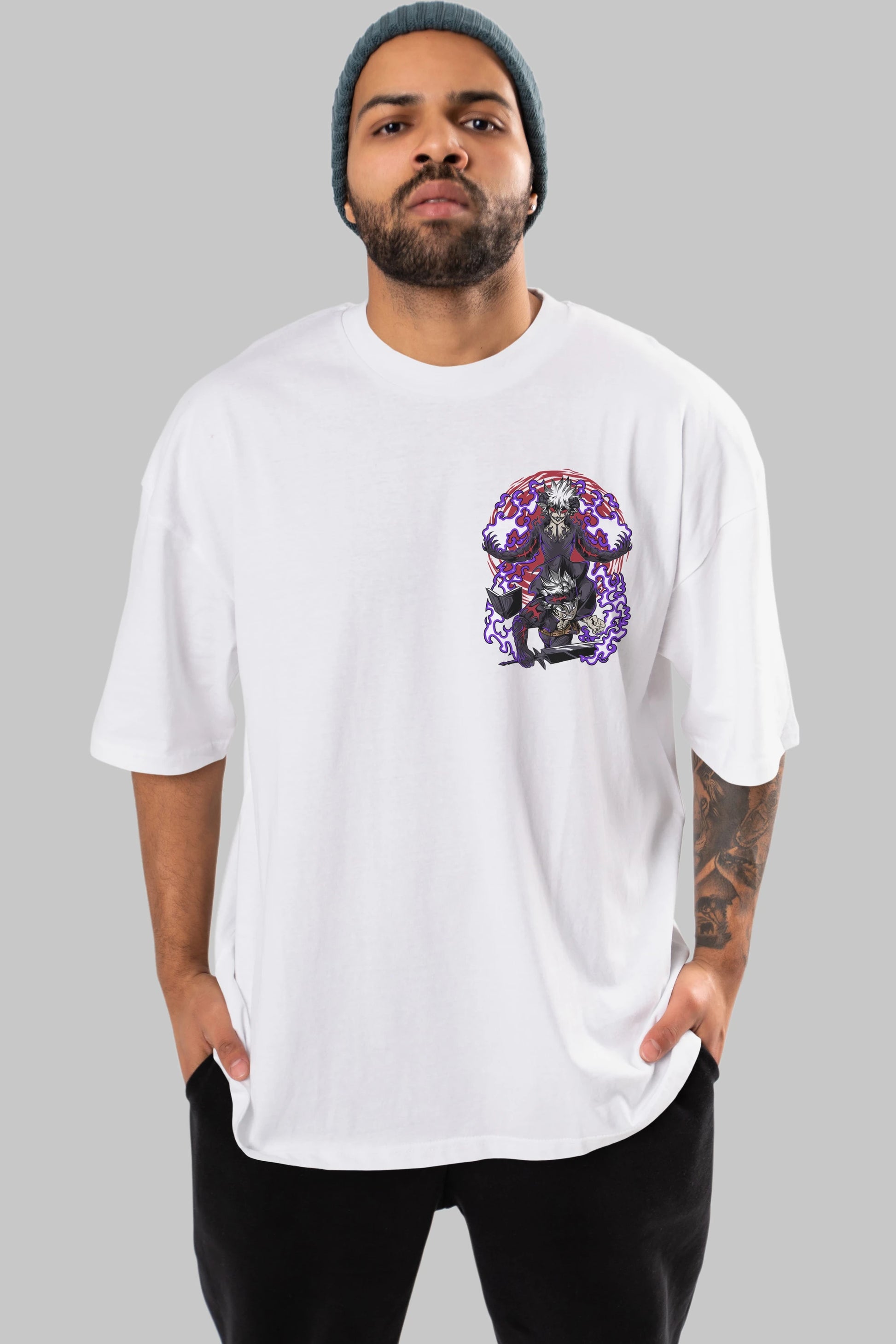 BLACK CLOVER DEVIL UNION Ön Sol Baskılı Oversize t-shirt Erkek Kadın Unisex %100 Pamuk Bisiklet Yaka tişort
