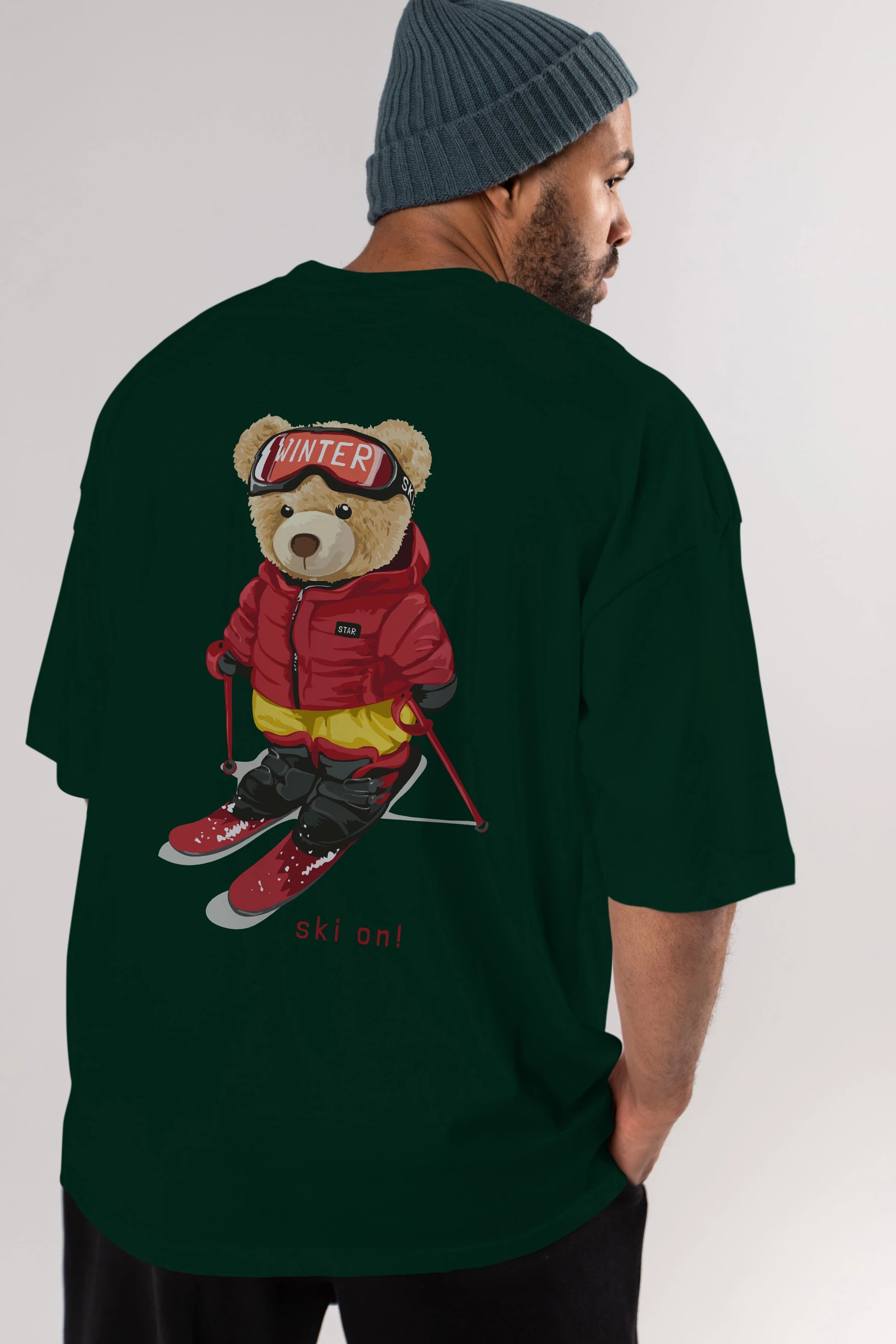 Teddy Bear Ski On Arka Baskılı Oversize t-shirt Erkek Kadın Unisex %100 Pamuk