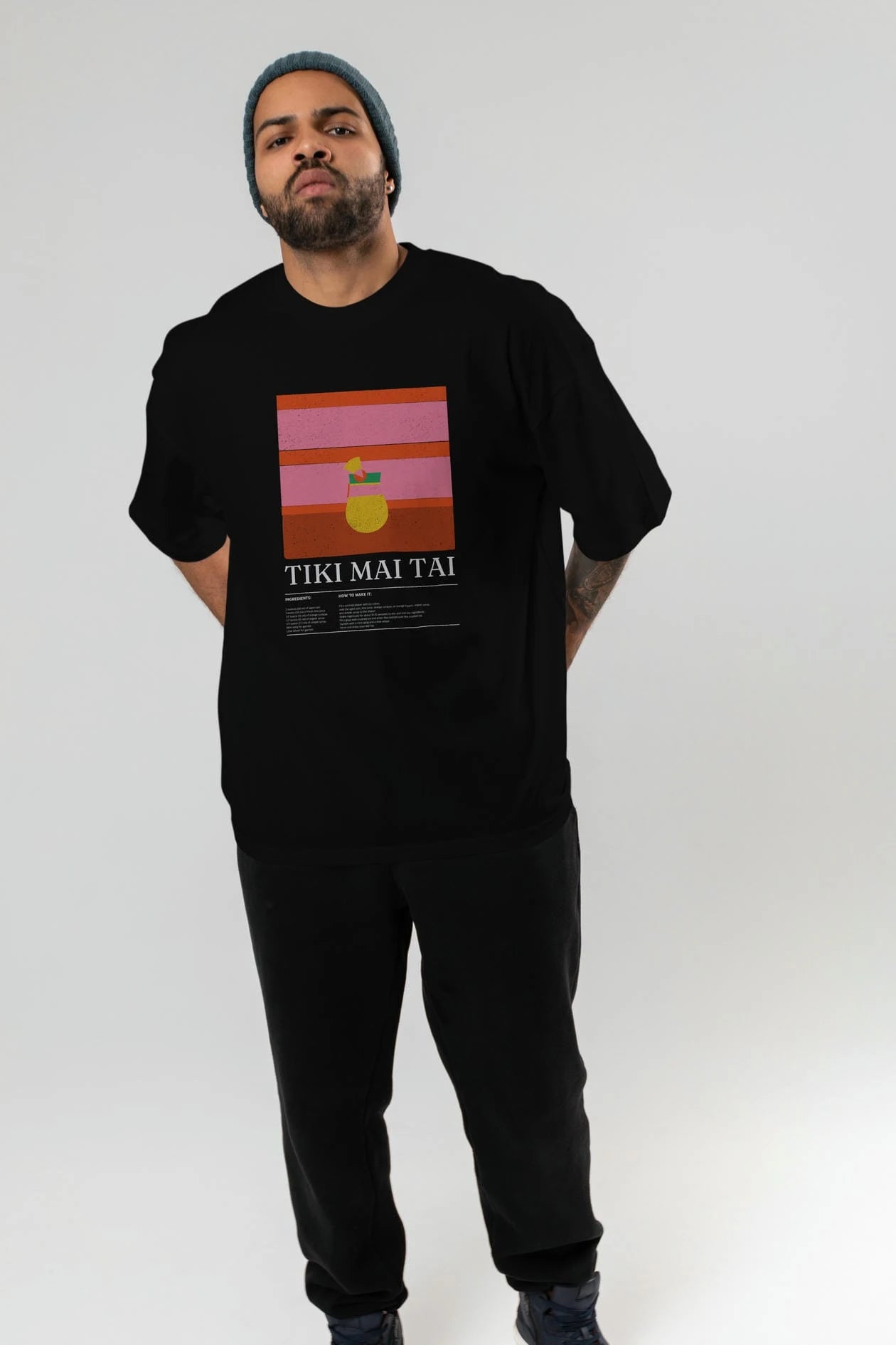 Tiki Mai Tai Kokteyl Ön Baskılı Oversize t-shirt Erkek Kadın %100 Pamuk Bisiklet Yaka tişort