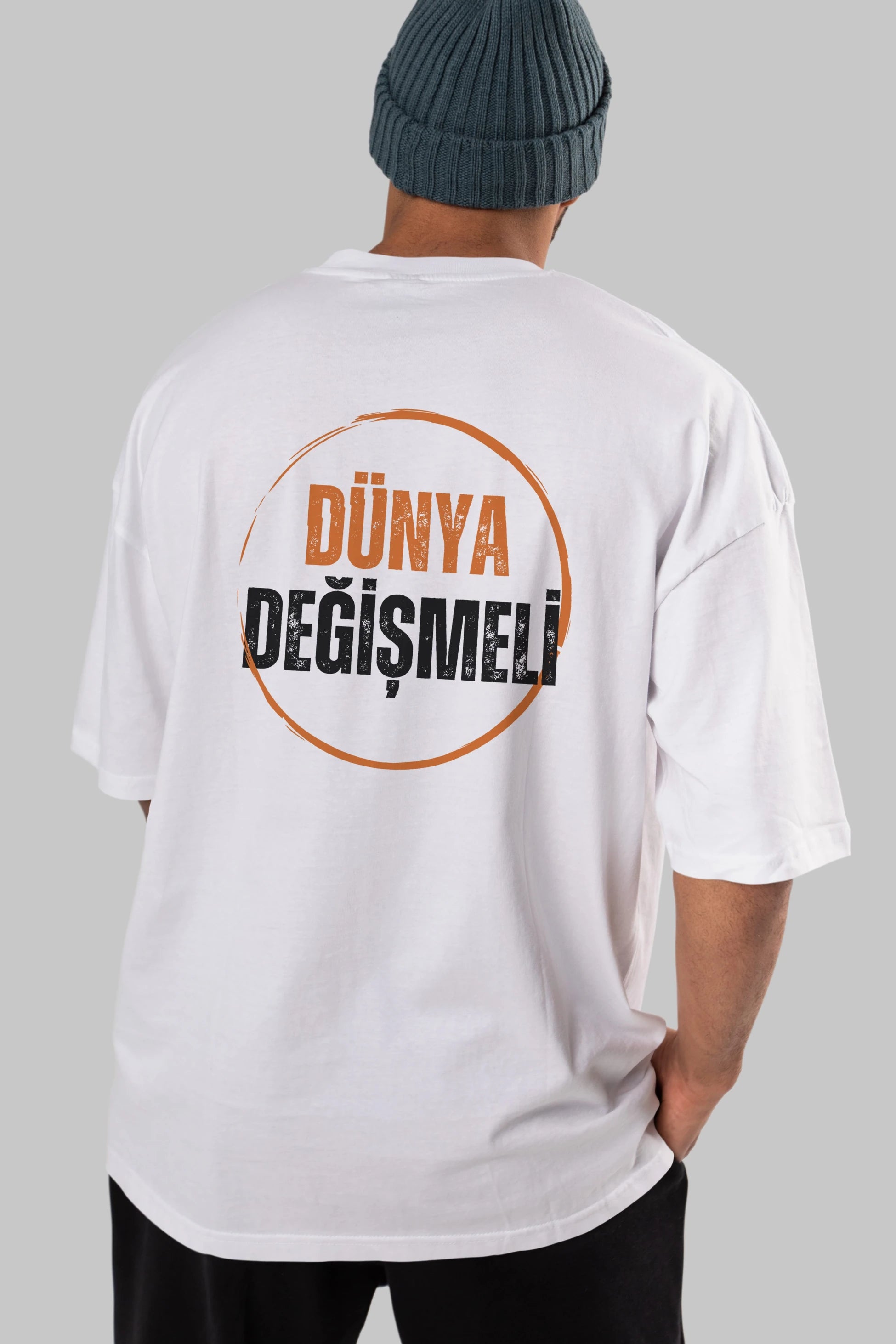 Dünya Değişmeli Yazılı Arka Baskılı Oversize t-shirt Erkek Kadın Unisex