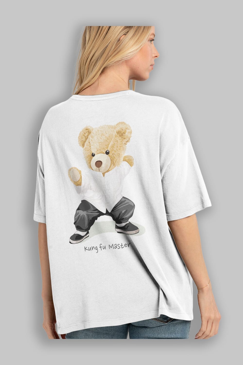 Teddy Bear Kung Fu Master Arka Baskılı Oversize t-shirt Erkek Kadın Unisex %100 Pamuk