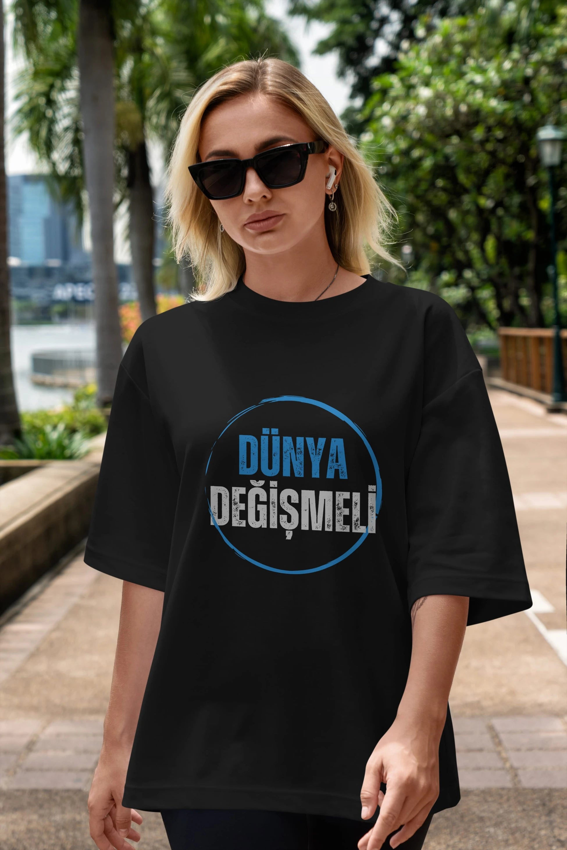 Dünya Değişmeli Yazılı Ön Baskılı Oversize t-shirt Erkek Kadın Unisex