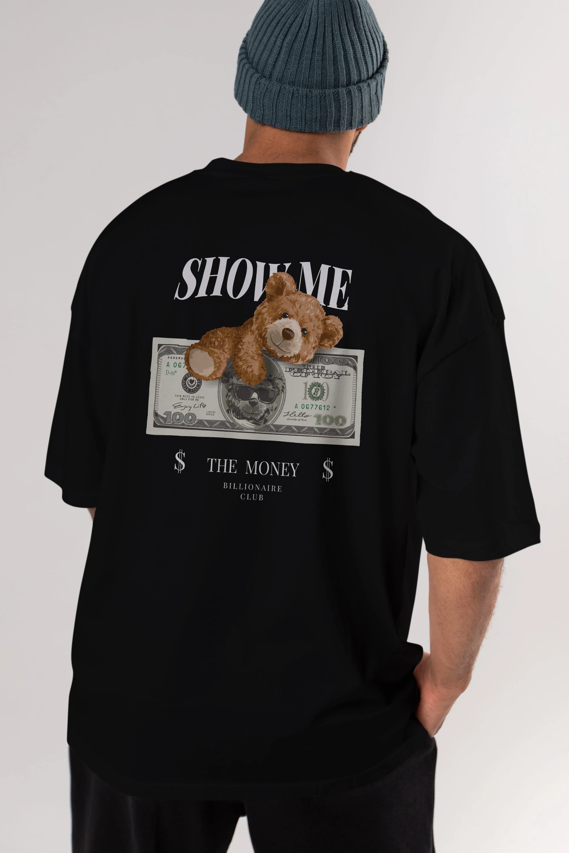 Teddy Bear The Money Arka Baskılı Oversize t-shirt Erkek Kadın Unisex %100 Pamuk