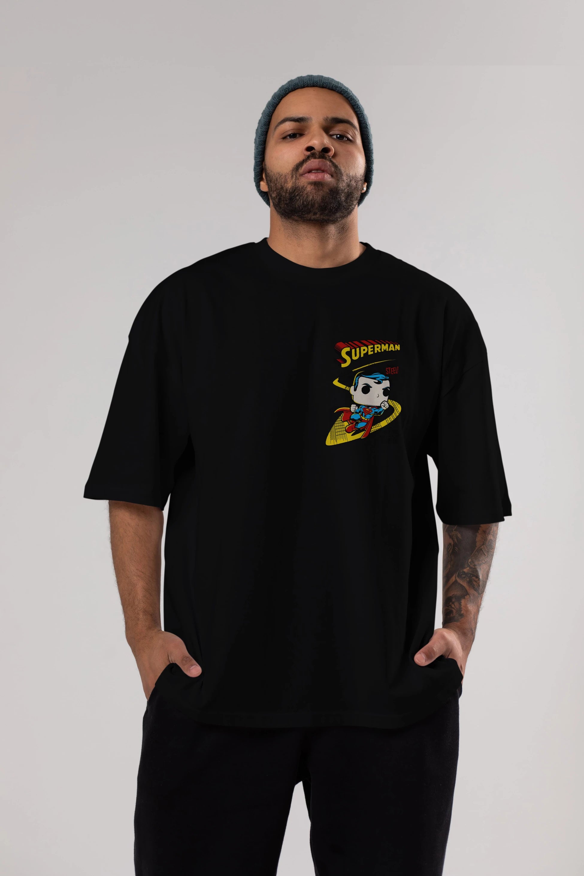 Superman (2) Ön Sol Baskılı Oversize t-shirt Erkek Kadın Unisex %100 Pamuk Bisiklet Yaka tişort