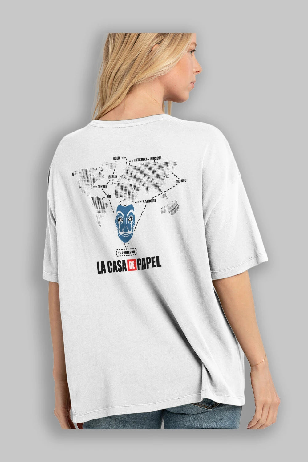 La Casa De Papel Arka Baskılı Oversize t-shirt Erkek Kadın Unisex %100 Pamuk Bisiklet Yaka tişort