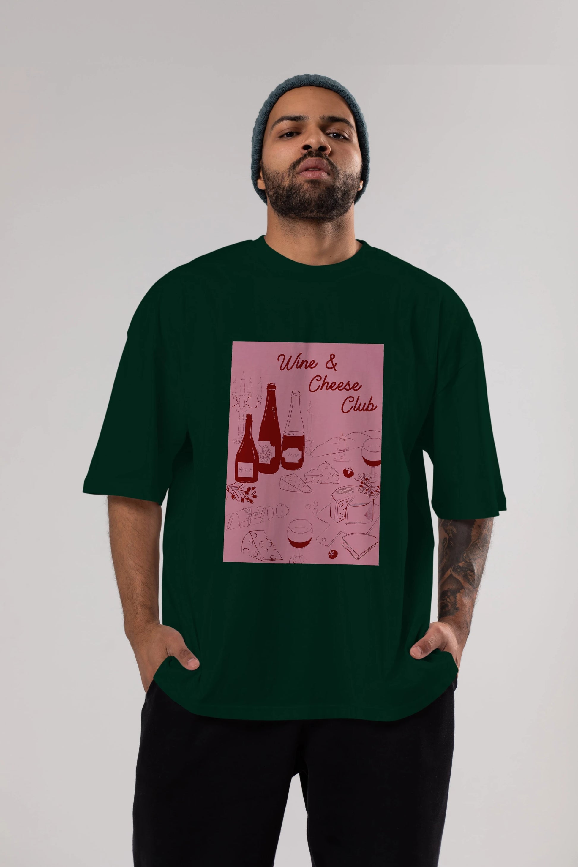 Wine Cheese Club Ön Baskılı Oversize t-shirt Erkek Kadın Unisex %100 Pamuk Bisiklet Yaka tişort