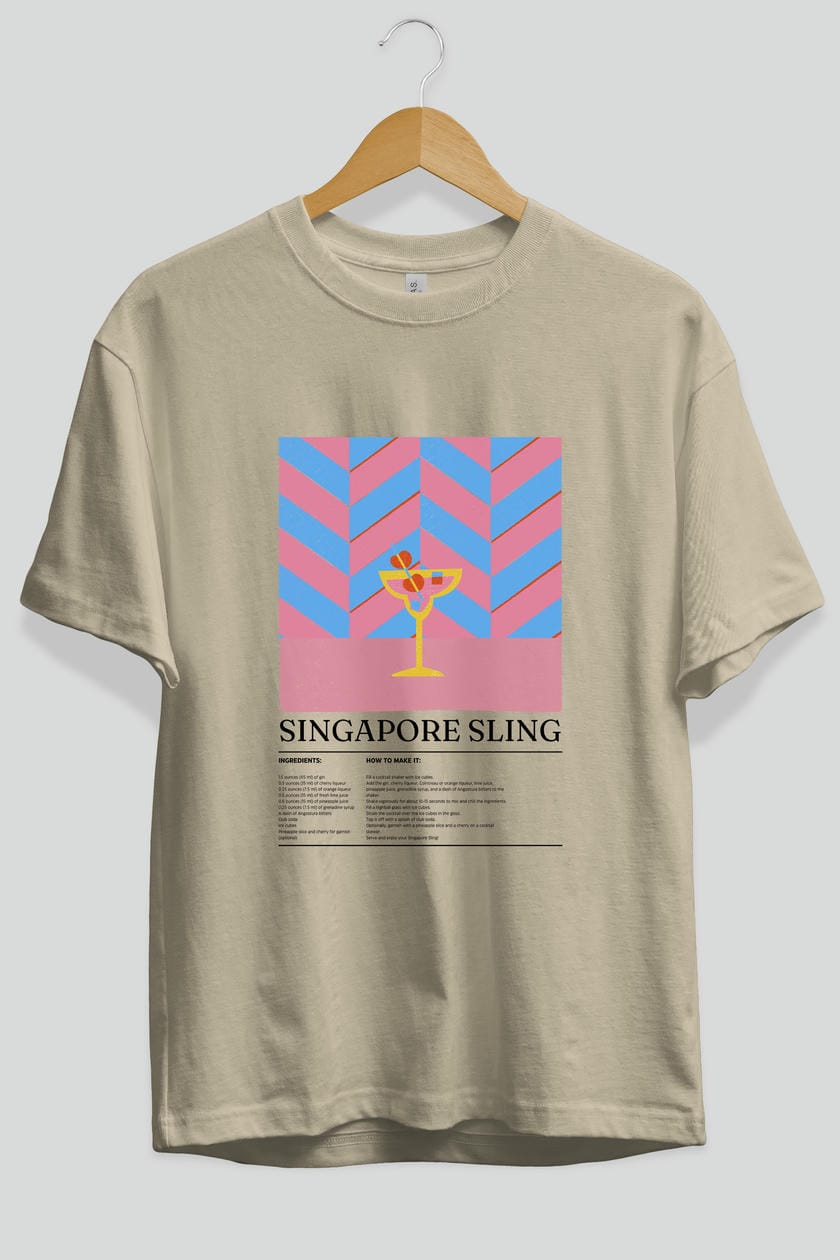 Sıngapore Sling Kokteyl Ön Baskılı Oversize t-shirt Erkek Kadın %100 Pamuk Bisiklet Yaka tişort