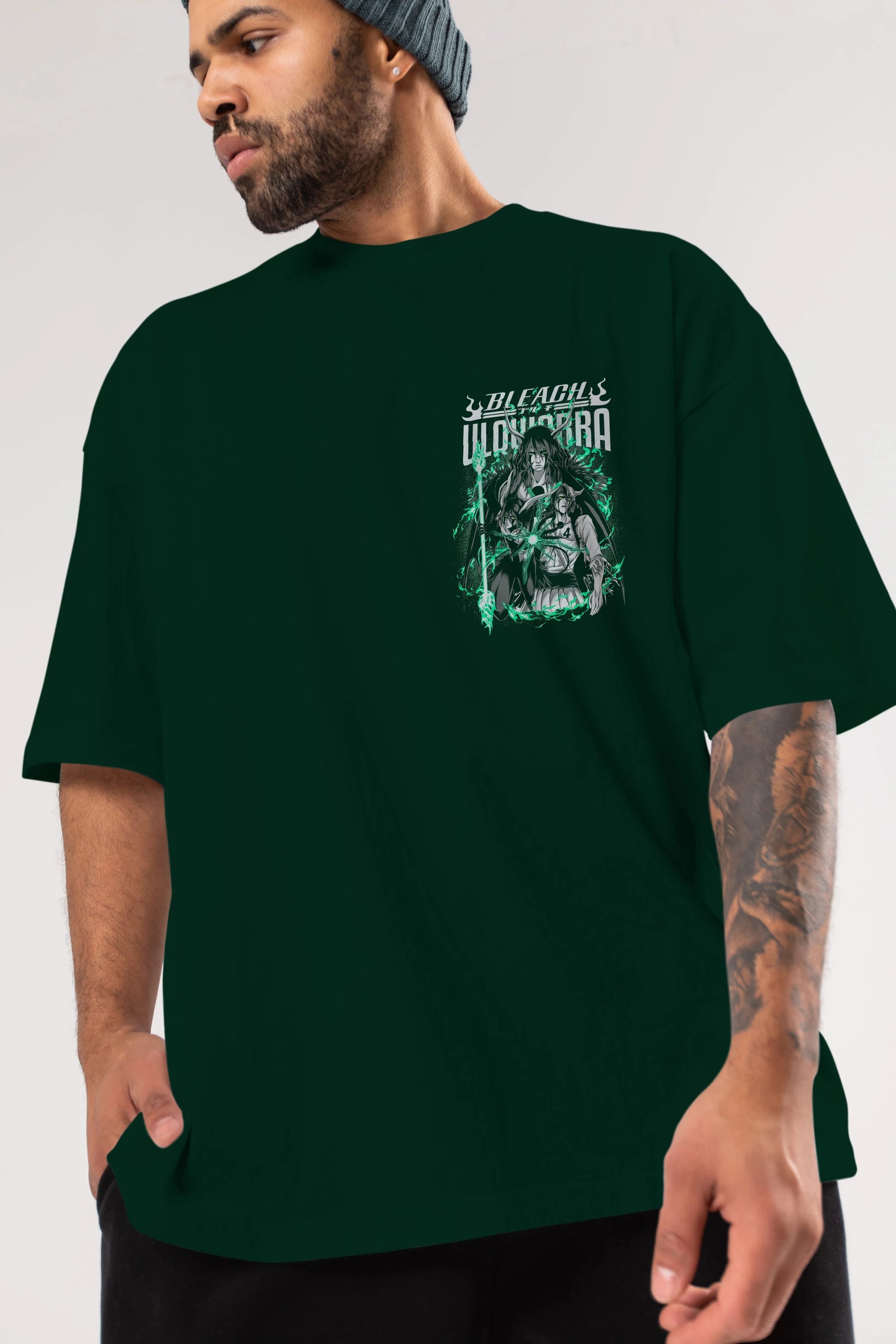 BLEACH(ULQUIARRA) Ön Sol Baskılı Oversize t-shirt Erkek Kadın Unisex %100 Pamuk Bisiklet Yaka tişort