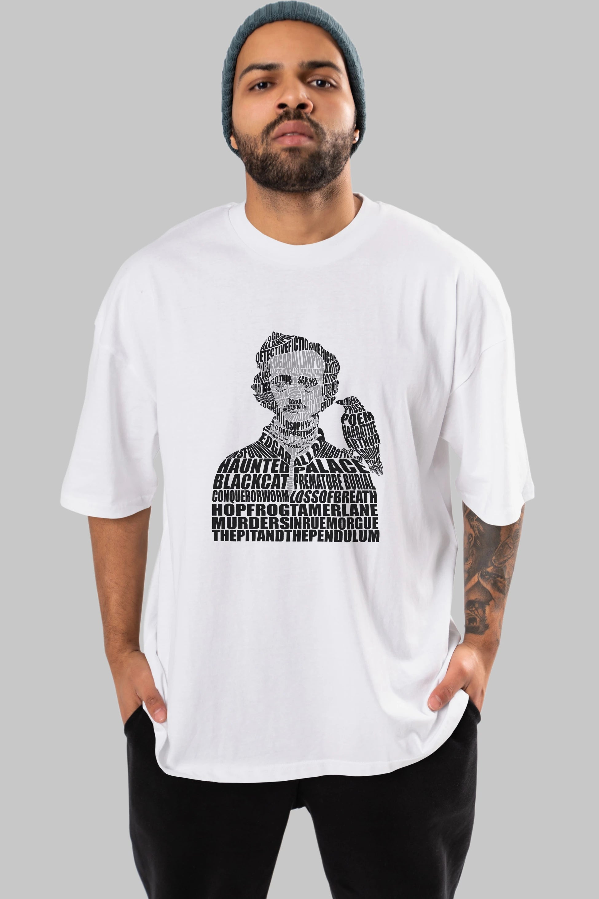 Edgar Alan Poe Calligram Ön Baskılı Oversize t-shirt %100 pamuk Erkek Kadın Unisex