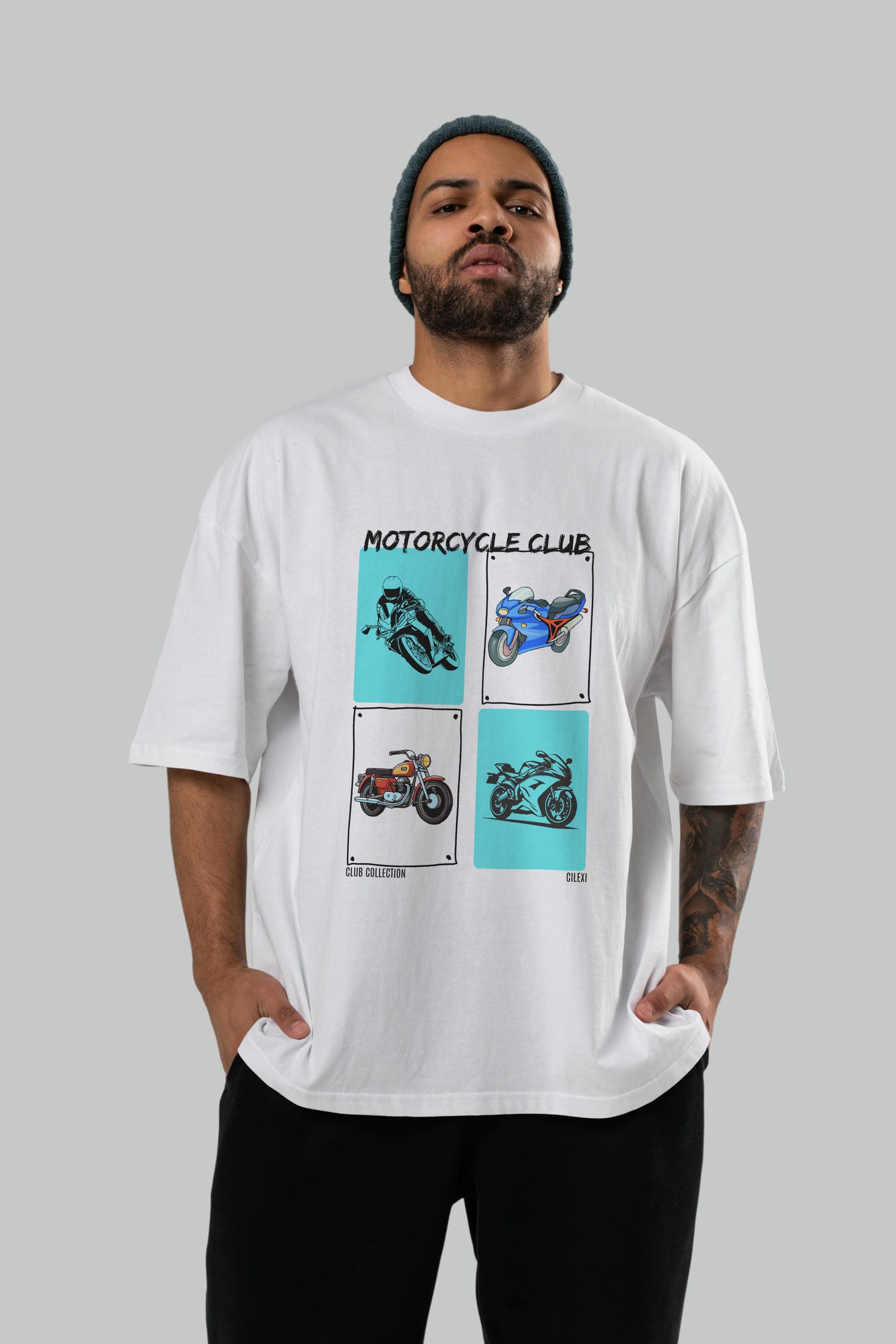 Motorcycle Club ön Baskılı Oversize t-shirt Erkek Kadın %100 Pamuk Bisiklet Yaka tişort