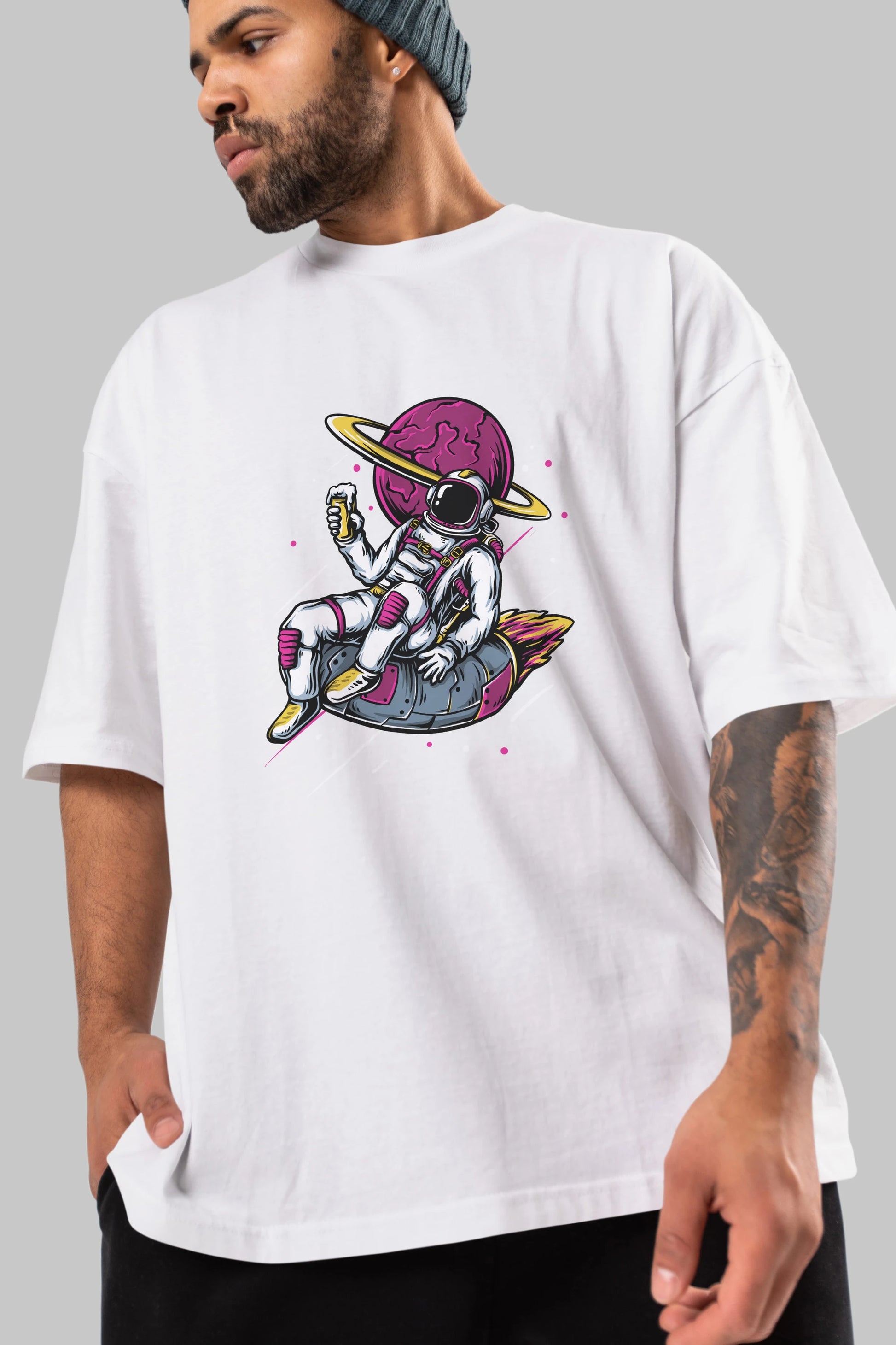 Astronaut Beer Ön Baskılı Oversize t-shirt Erkek Kadın Unisex