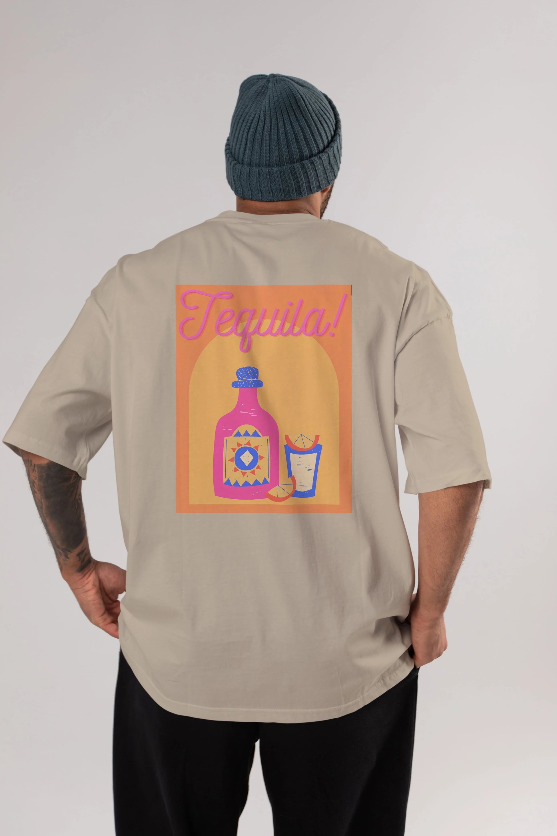 Tequila Arka Baskılı Oversize t-shirt Erkek Kadın Unisex %100 Pamuk Bisiklet Yaka tişort