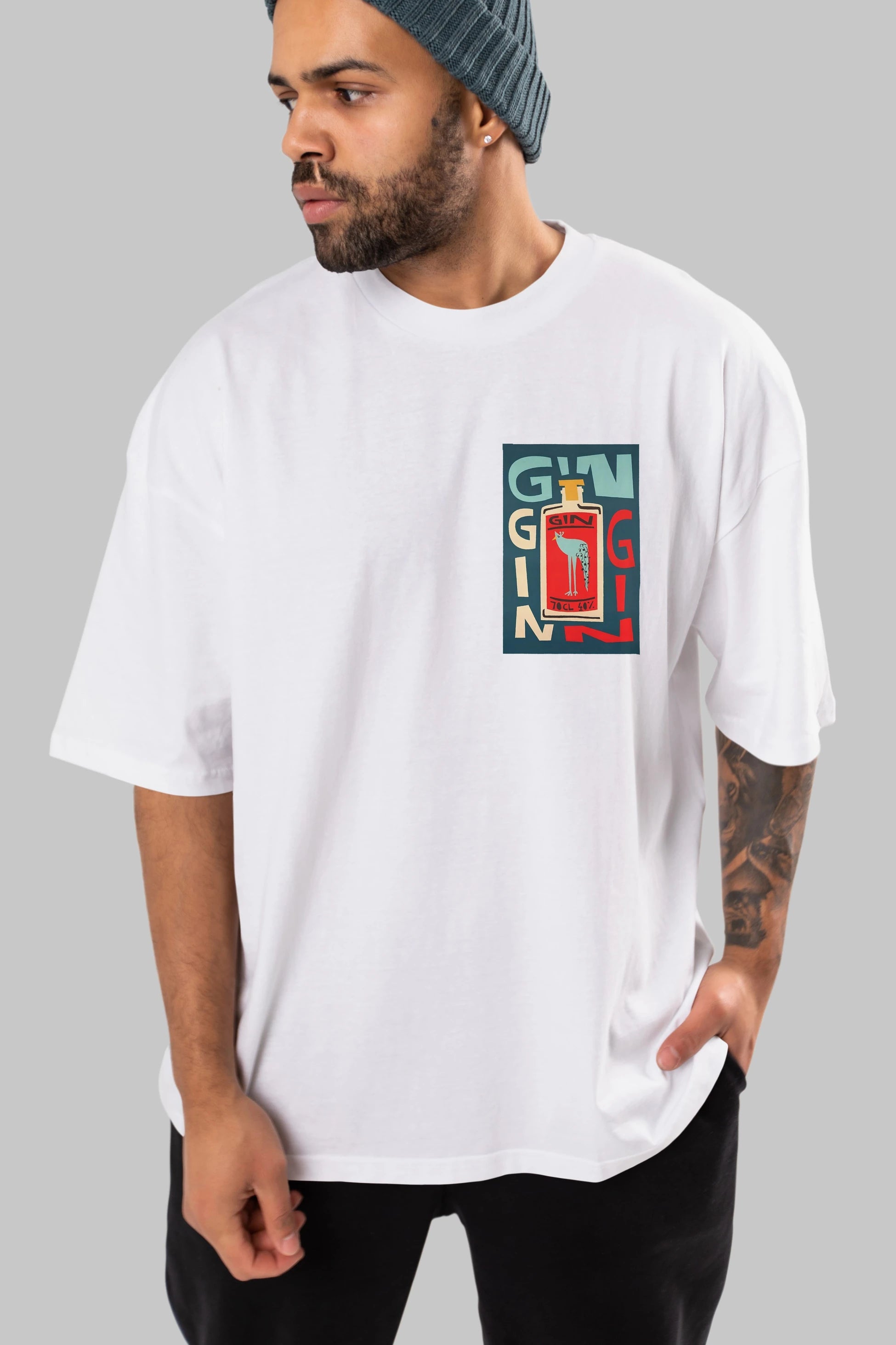 Gin 2 Ön Sol Baskılı Oversize t-shirt Erkek Kadın Unisex %100 Pamuk Bisiklet Yaka tişort