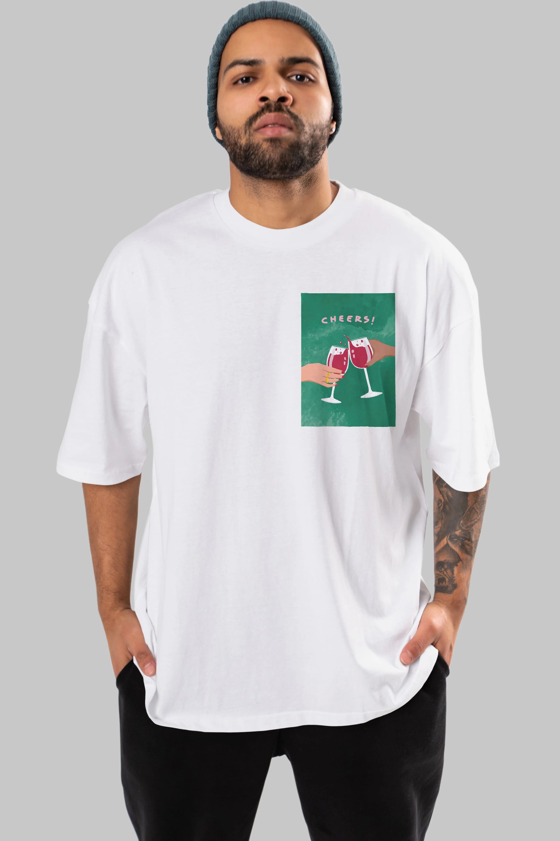 Cheers Ön Sol Baskılı Oversize t-shirt Erkek Kadın Unisex %100 Pamuk Bisiklet Yaka tişort