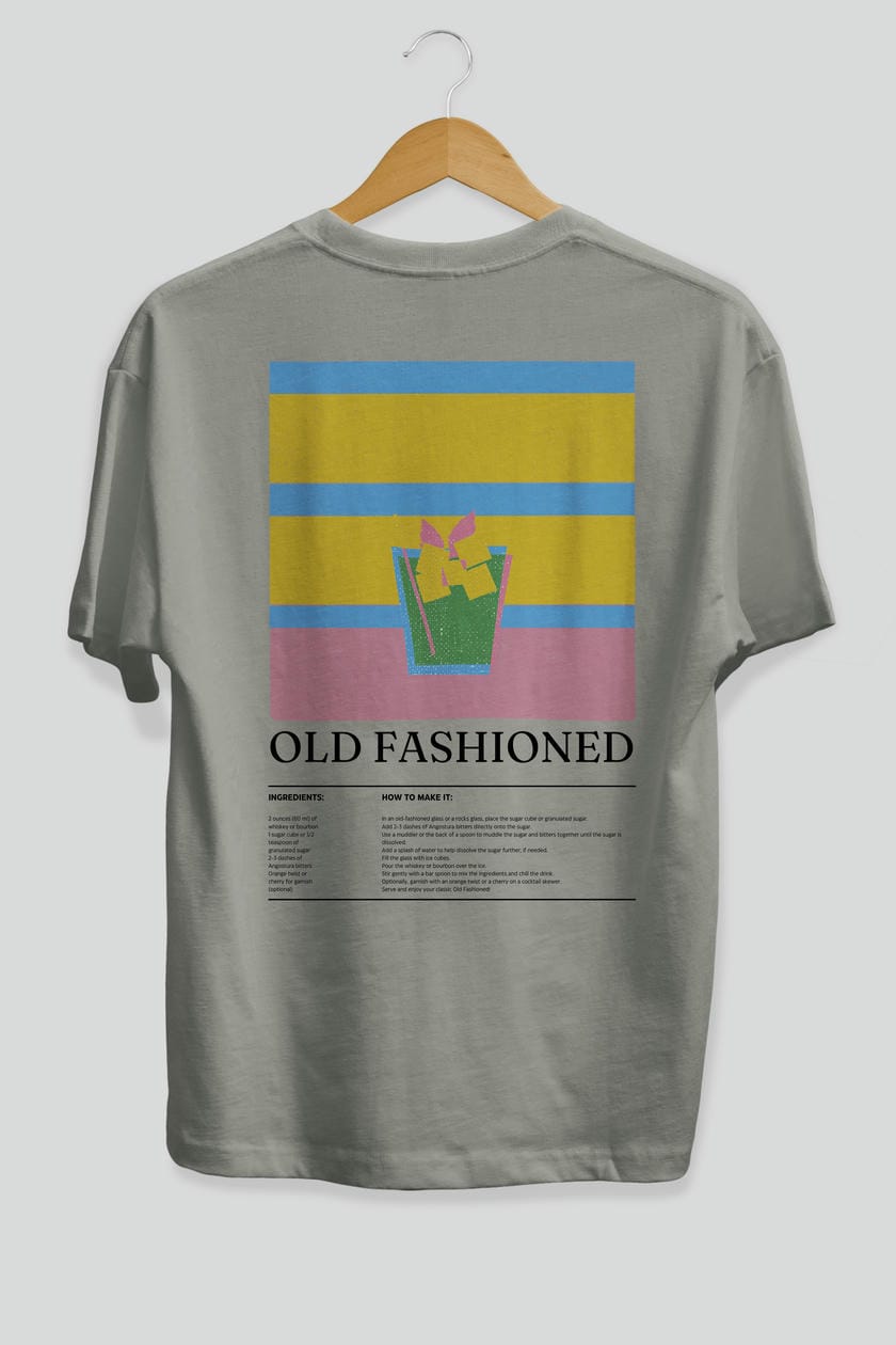 Old Fashioned Kokteyl Serisi Arka Baskılı Oversize t-shirt Erkek Kadın %100 Pamuk Bisiklet Yaka tişort