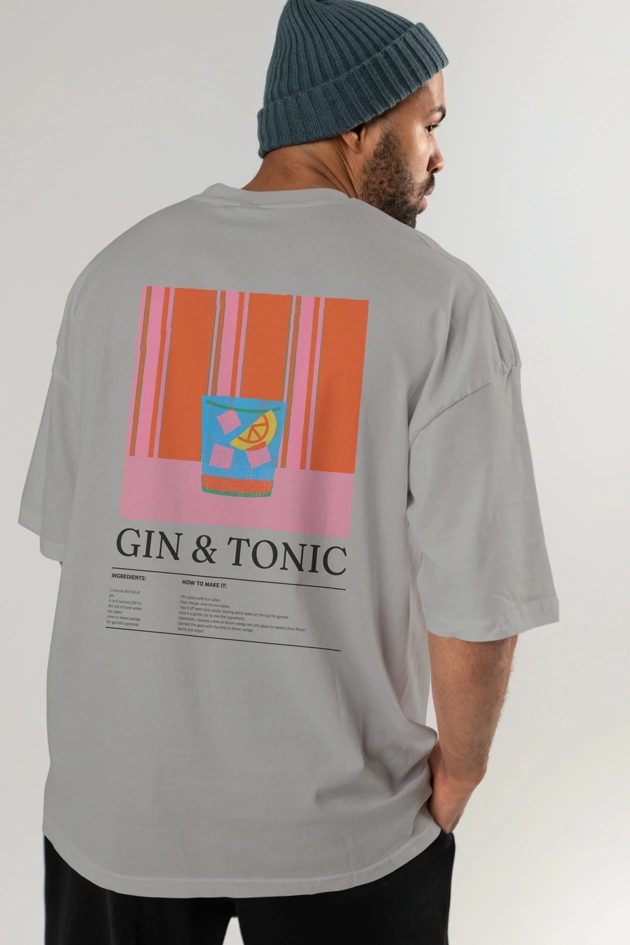 Gin Tonic Kokteyl Serisi Arka Baskılı Oversize t-shirt Erkek Kadın %100 Pamuk Bisiklet Yaka tişort