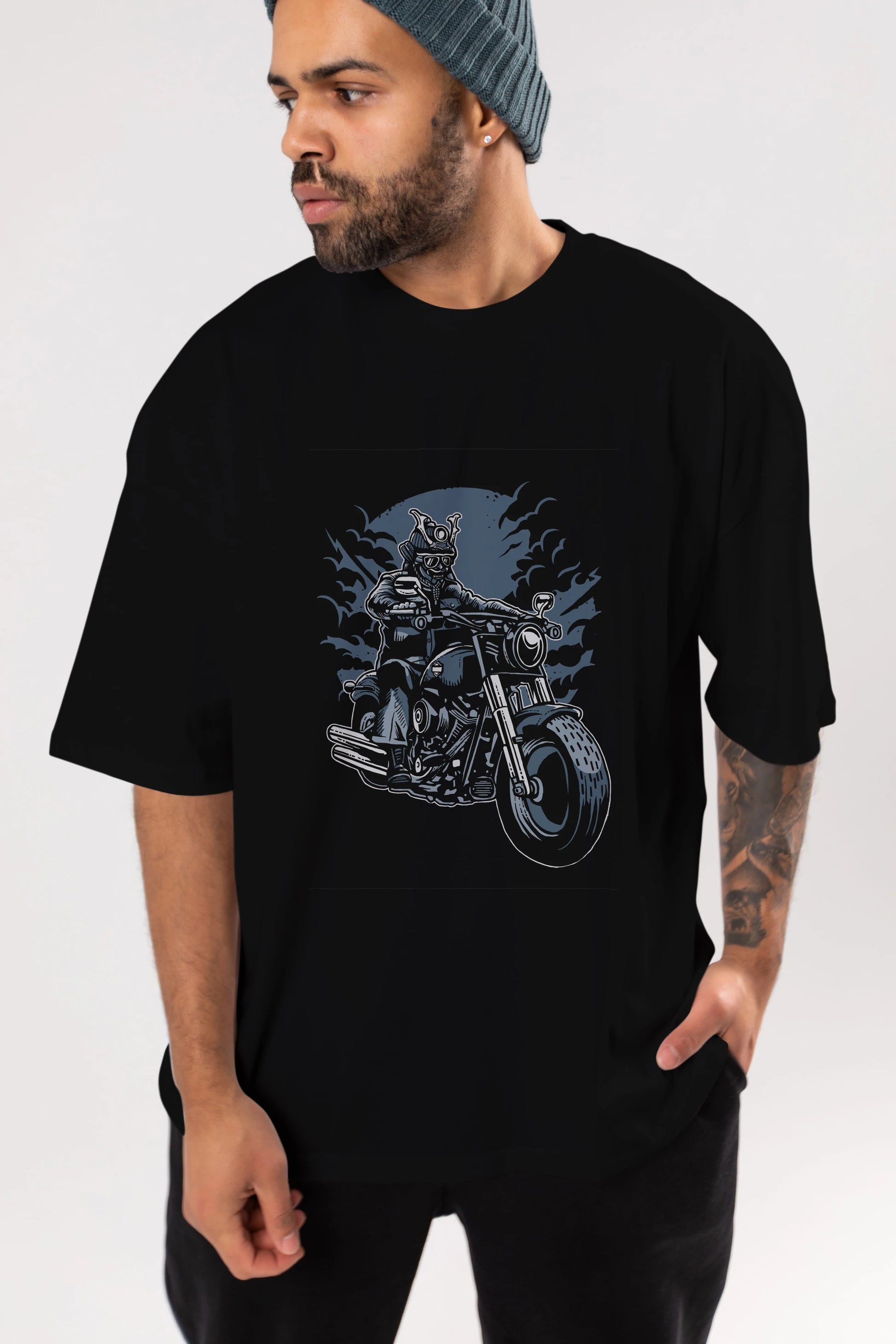 Samurai Ride Ön Baskılı Oversize t-shirt Erkek Kadın Unisex %100 Pamuk tişort