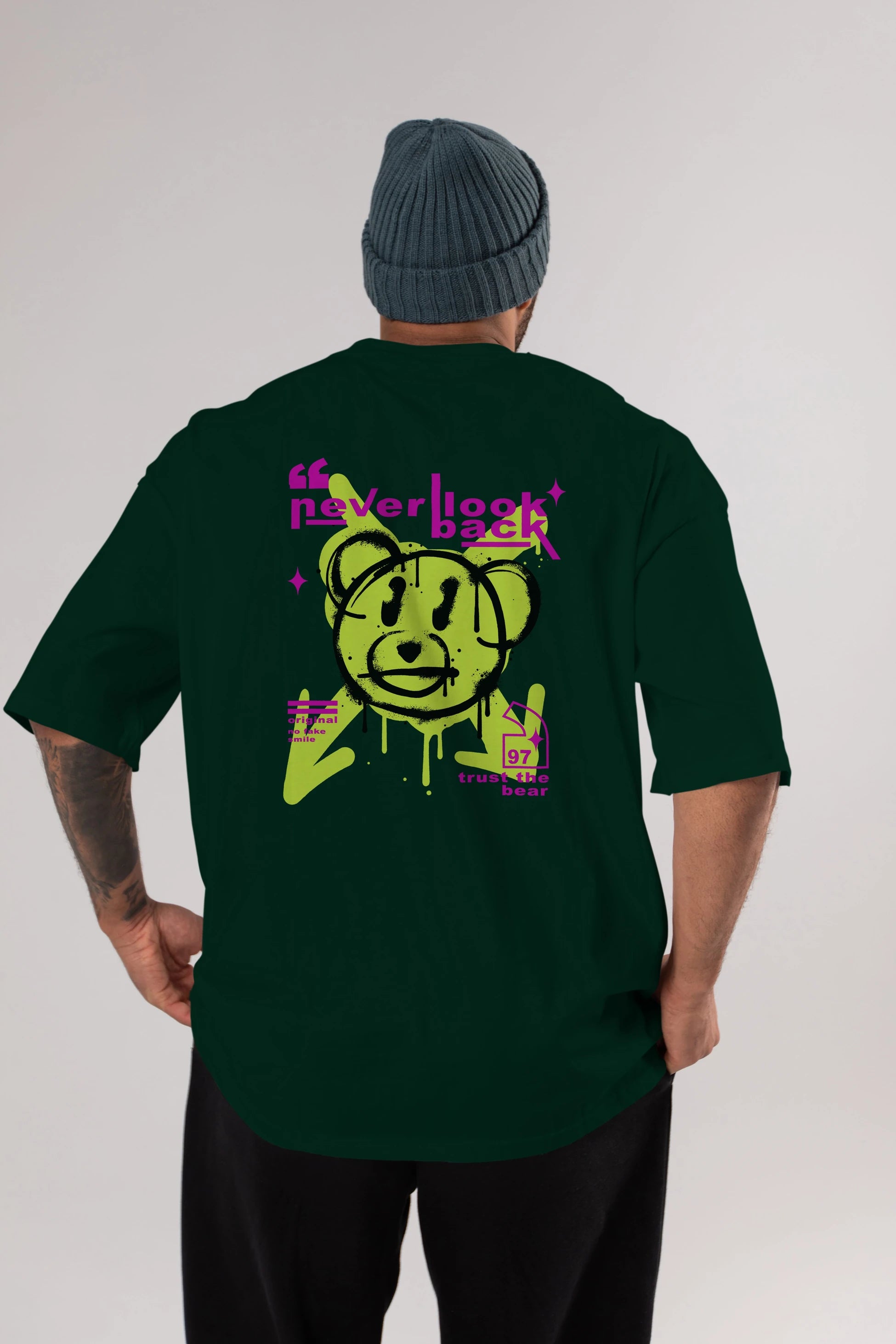 Never Look Back Bear Arka Baskılı Oversize t-shirt Erkek Kadın Unisex