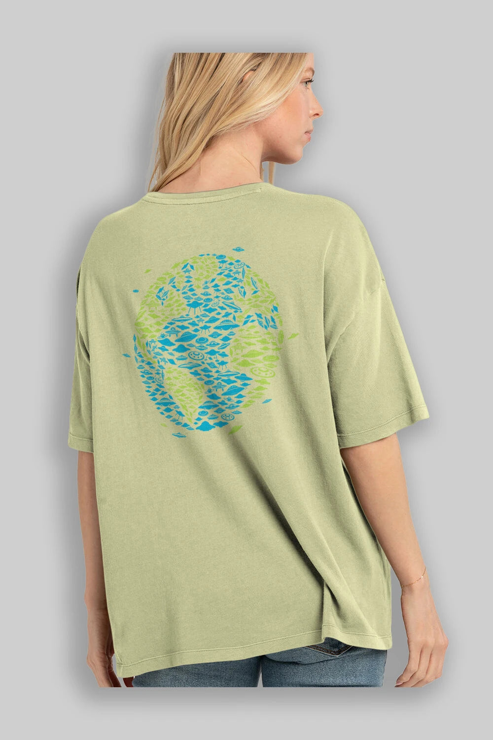 UFO Invasion Arka Baskılı Oversize t-shirt %100 pamuk Erkek Kadın Unisex