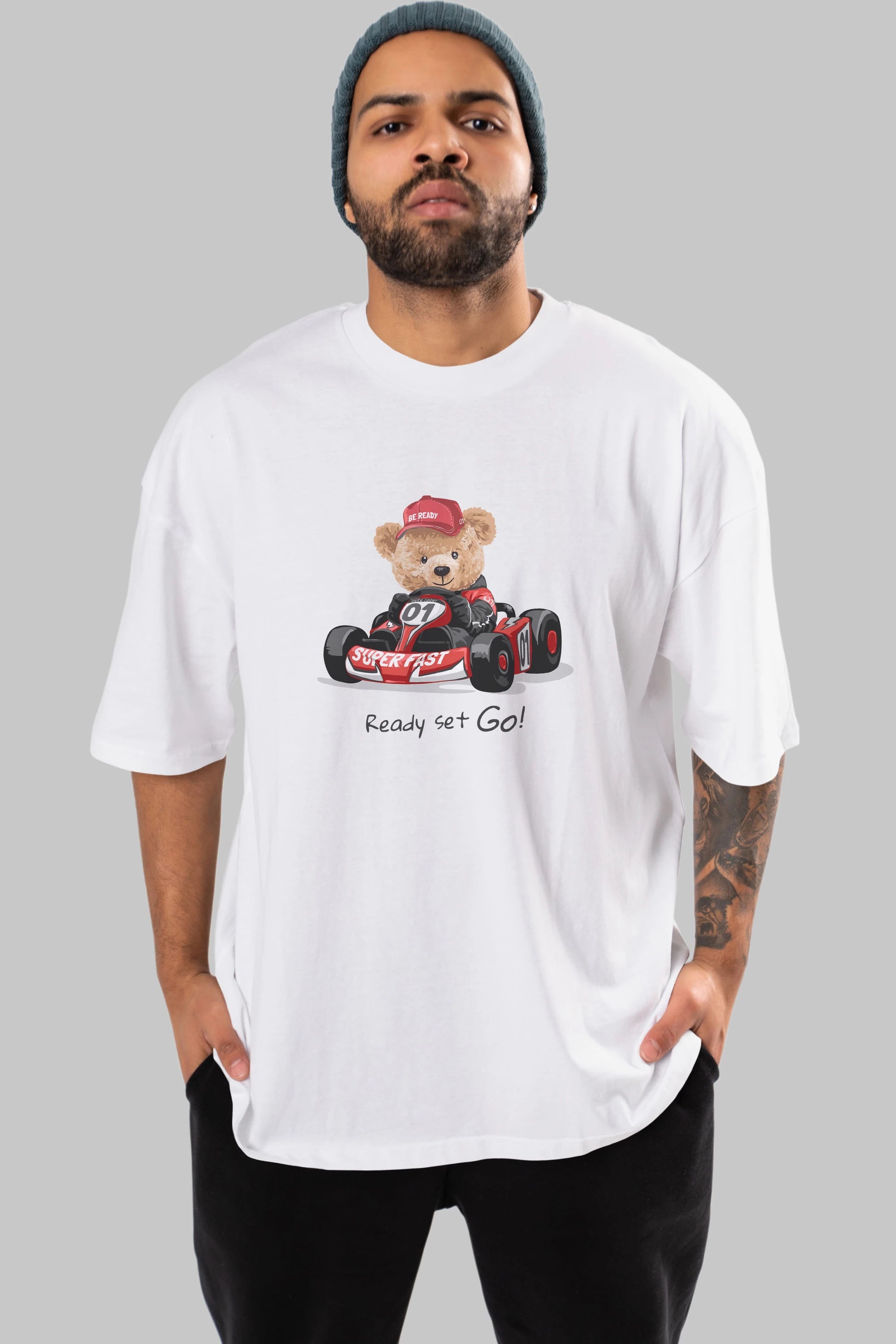Teddy Bear Ready Set Go Ön Baskılı Oversize t-shirt Erkek Kadın Unisex %100 Pamuk